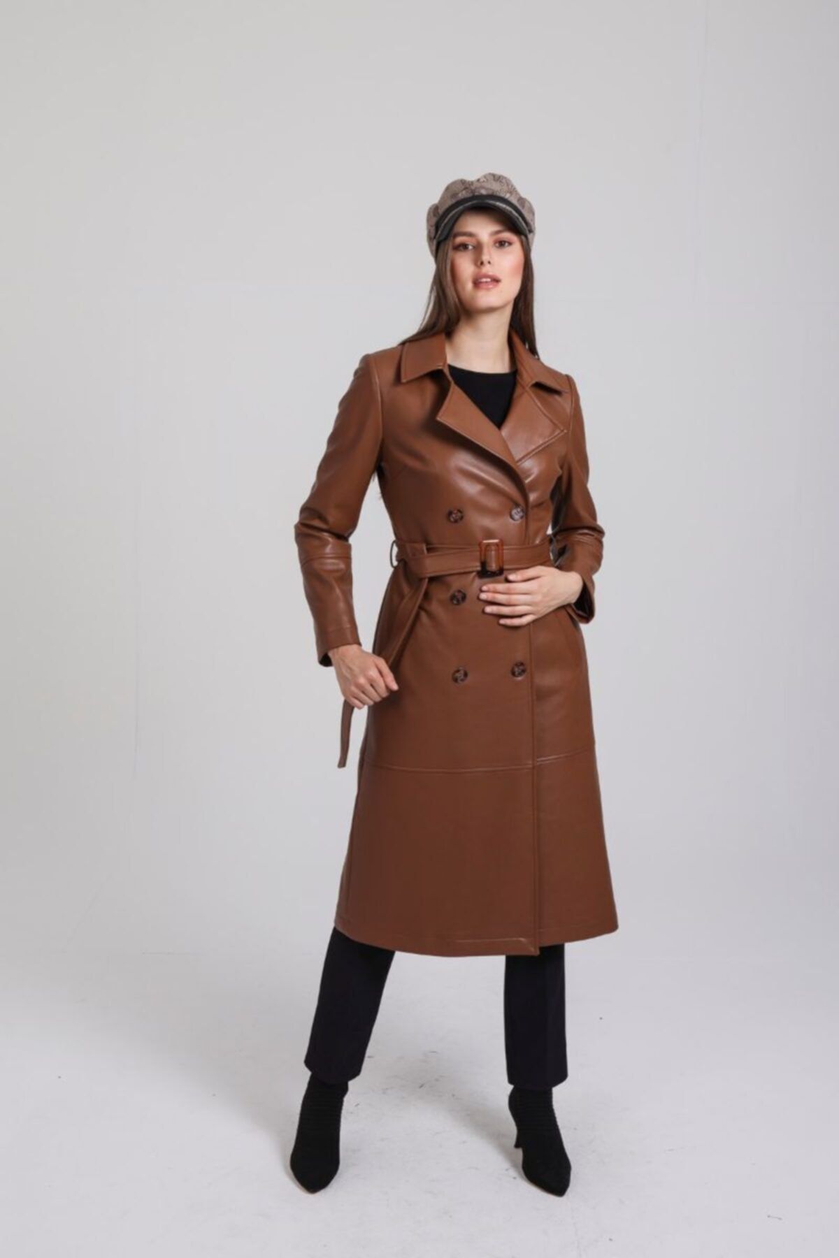 Orhan Kruvaze Yaka Beli Kuşaklı Deri Trench - Camel