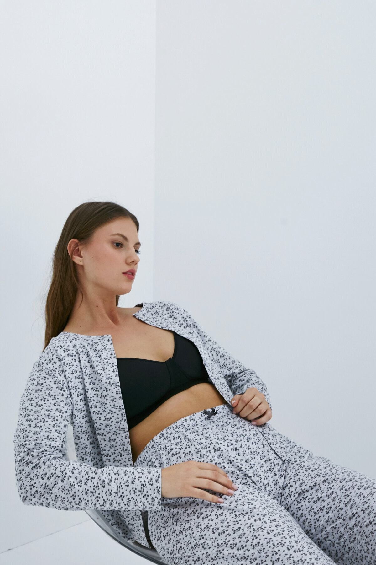 Penti Açık Gri Melanj Melange Floral Pantolon