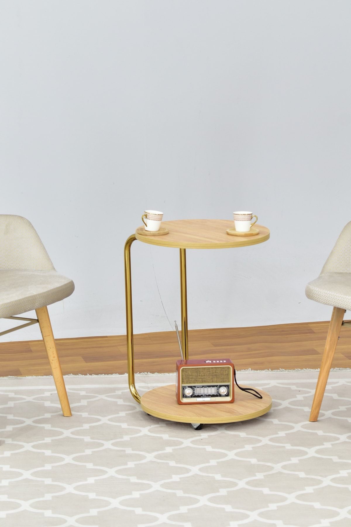 VİLİNZE Emr Çok Amaçlı Tekerlekli Naturel Mdf Gold Ayak C Sehpa