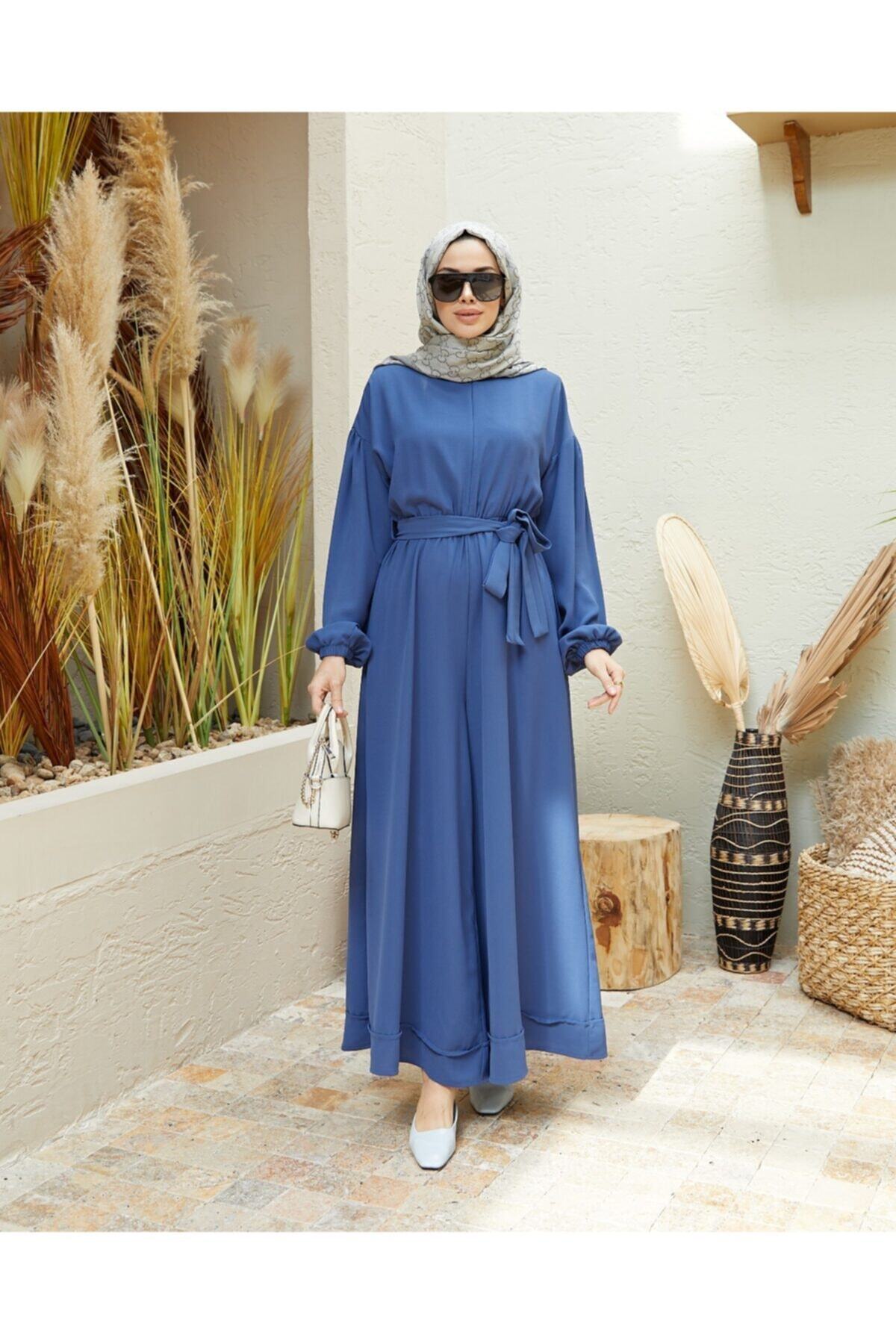 Neways Balon Kol Kuşak Detaylı Krep Tulum Indigo 6569