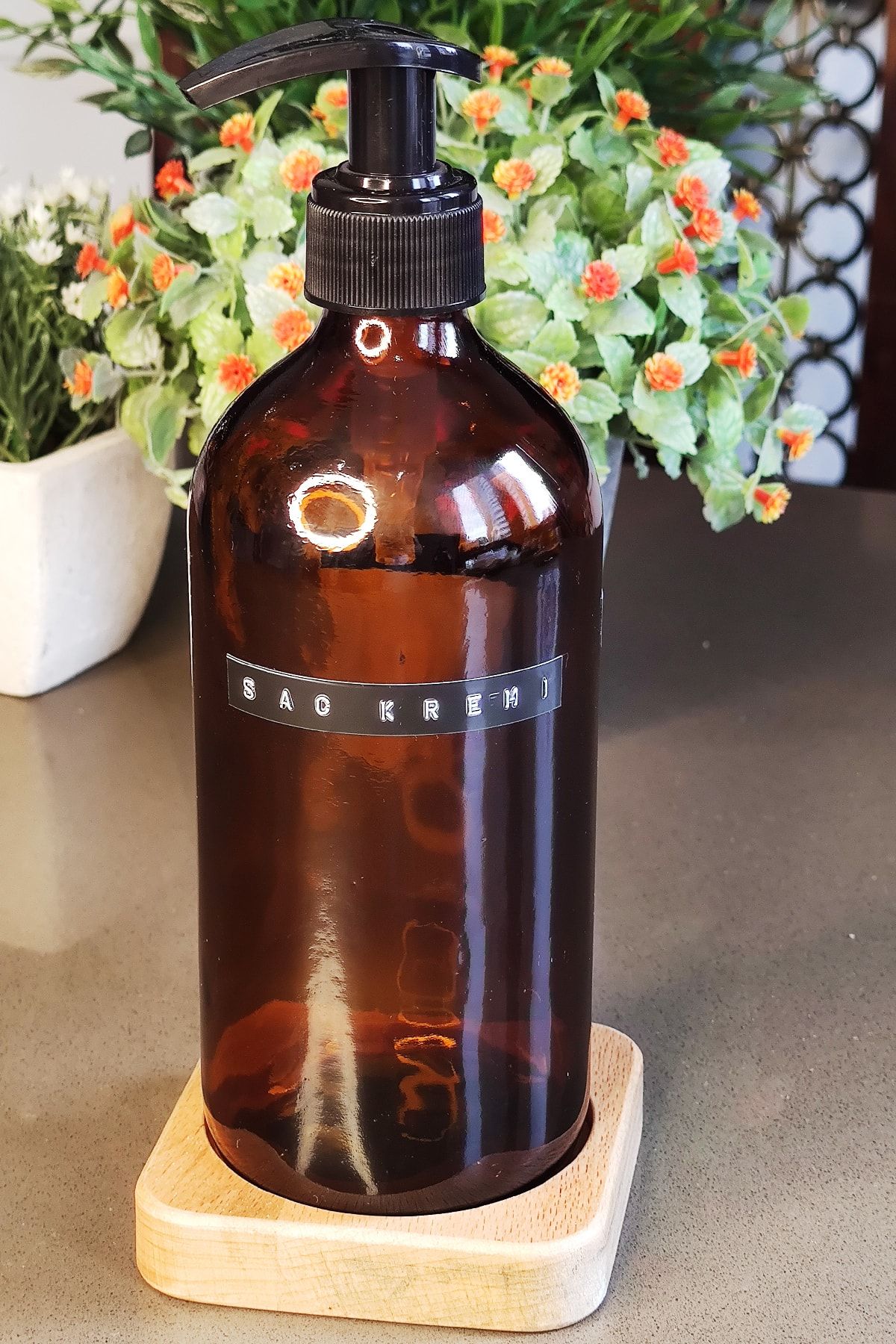 KHAKMA Lüks Ahşap Stantlı Amber Saç Kremi Şişesi Tombul 500 Ml