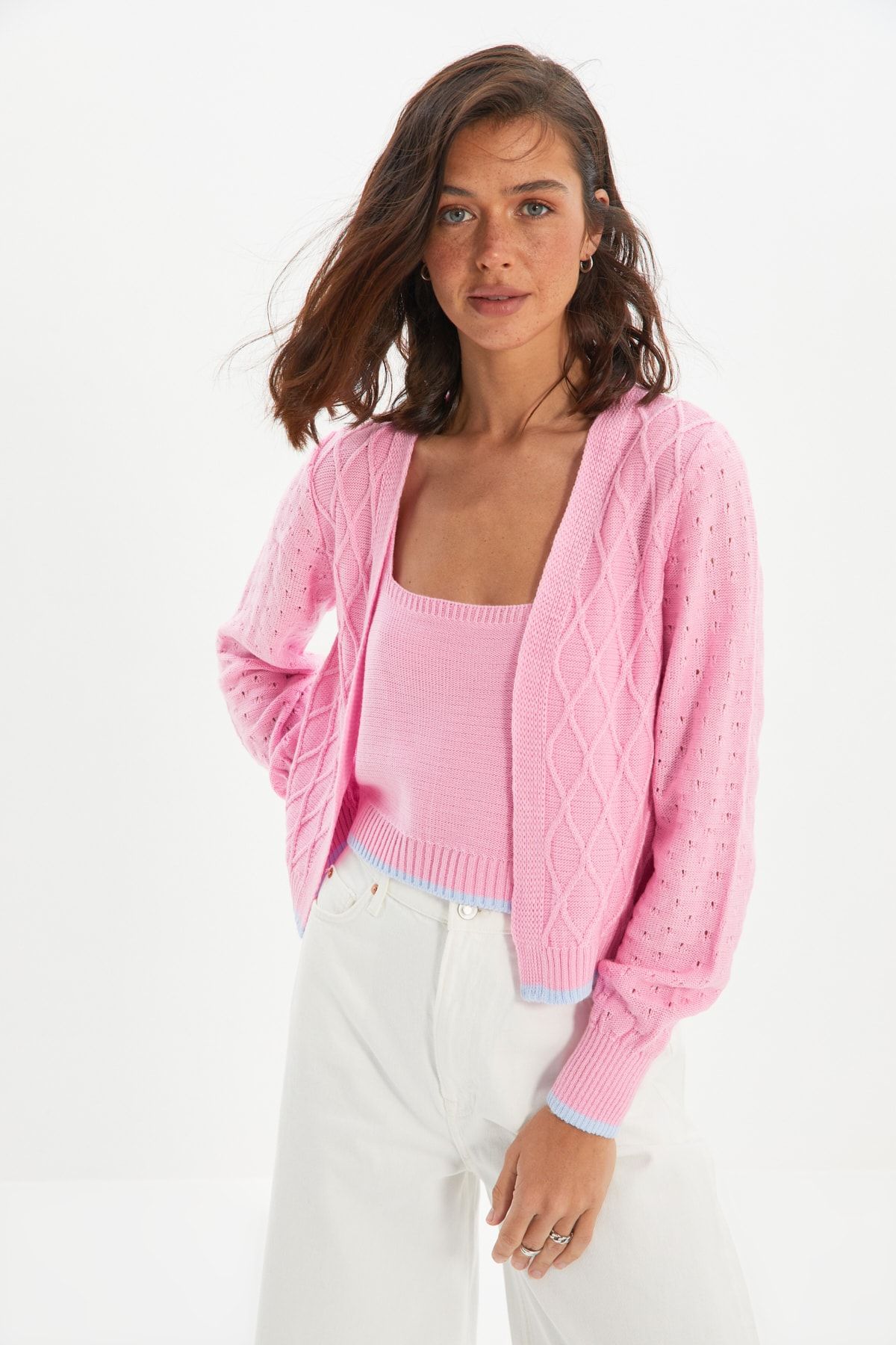 TRENDYOLMİLLA Pembe Örgü Detaylı Bluz Triko Hırka TWOAW22HI0988