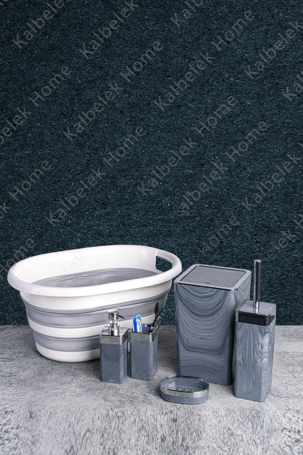 Kalbelek 6 Parça Katlanır Çamaşır Sepeti Ve Banyo Seti Mermer Desen Gri