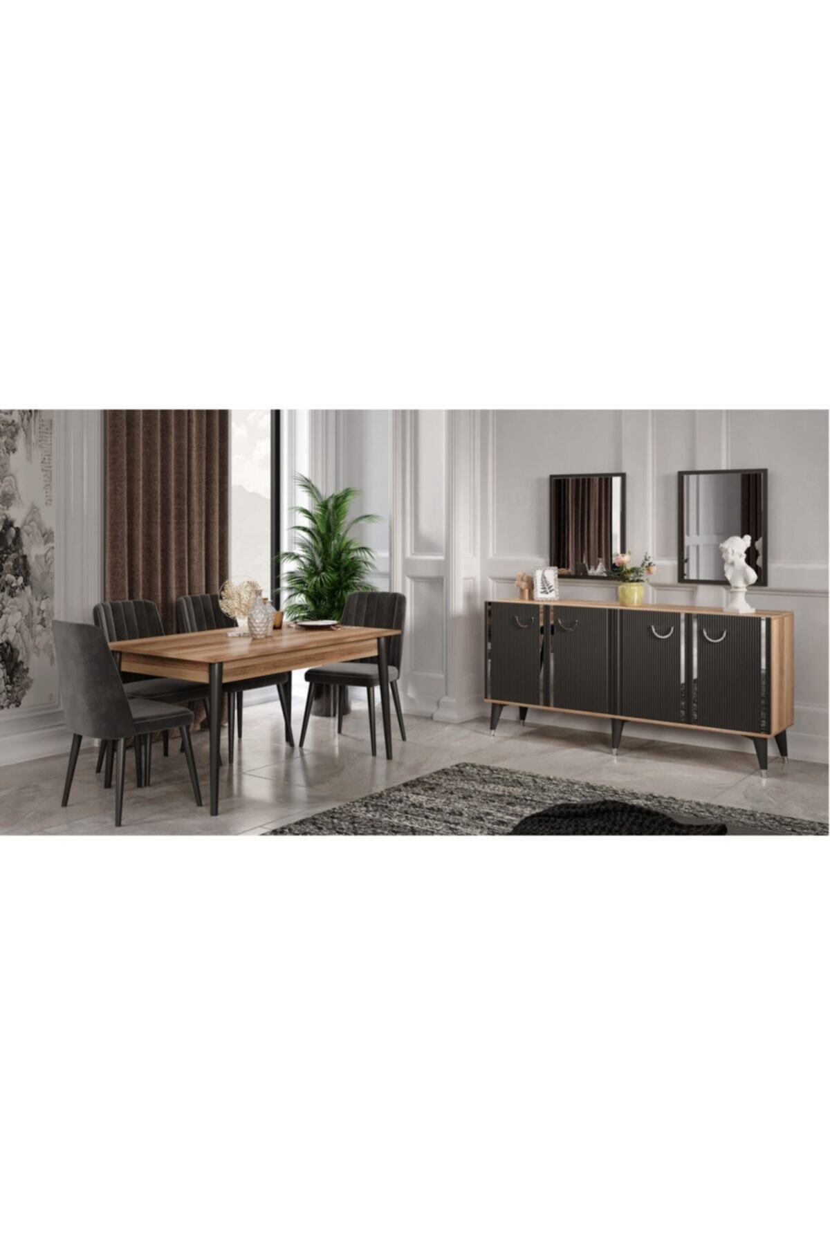 Çiftci Ticaret Retro Antrasit Gri Renkli %100 Mdf Membran Yemek Odası Takımı (4 Retro Sandalyesi Ile Beraber)