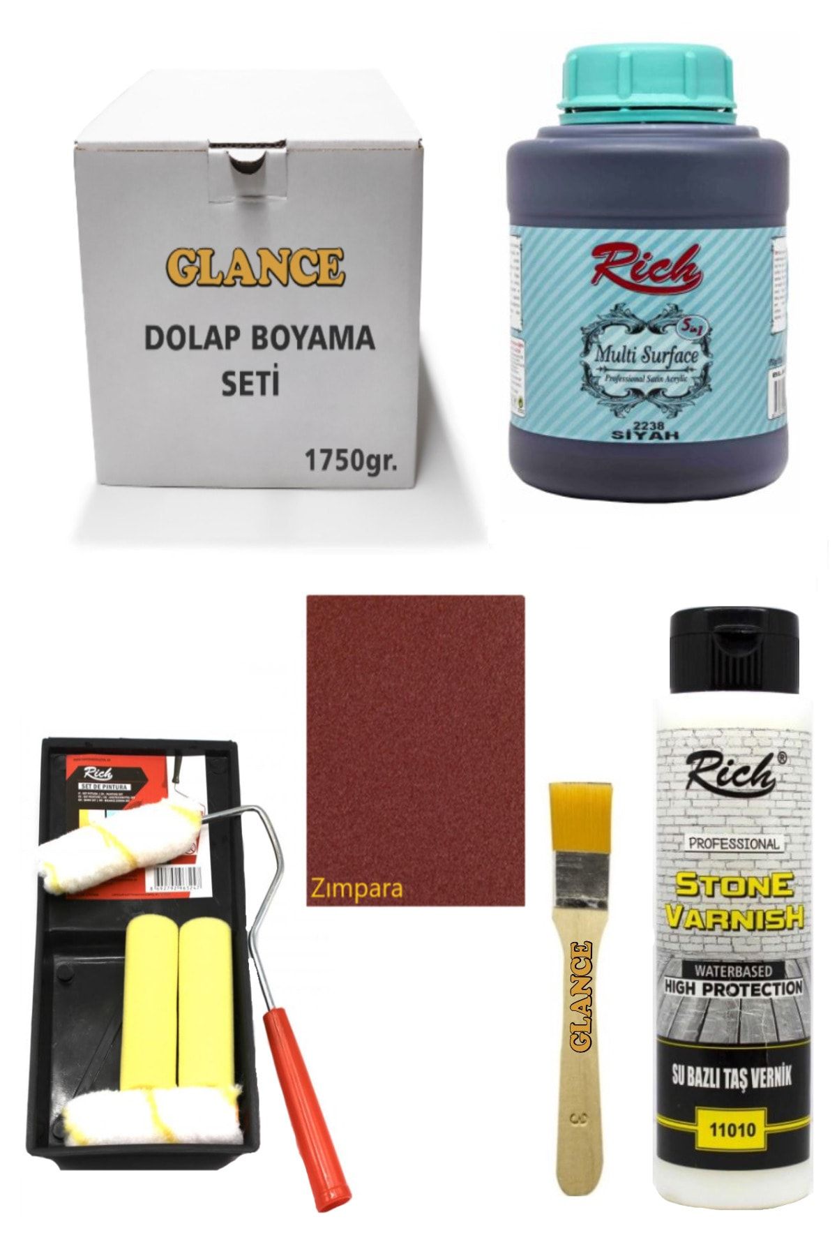 GLANCE Rich Multi Surface Siyah 1750 Gr Dolap Boyama Fayans Boyama Mutfak Tezgahı Boyama Seti
