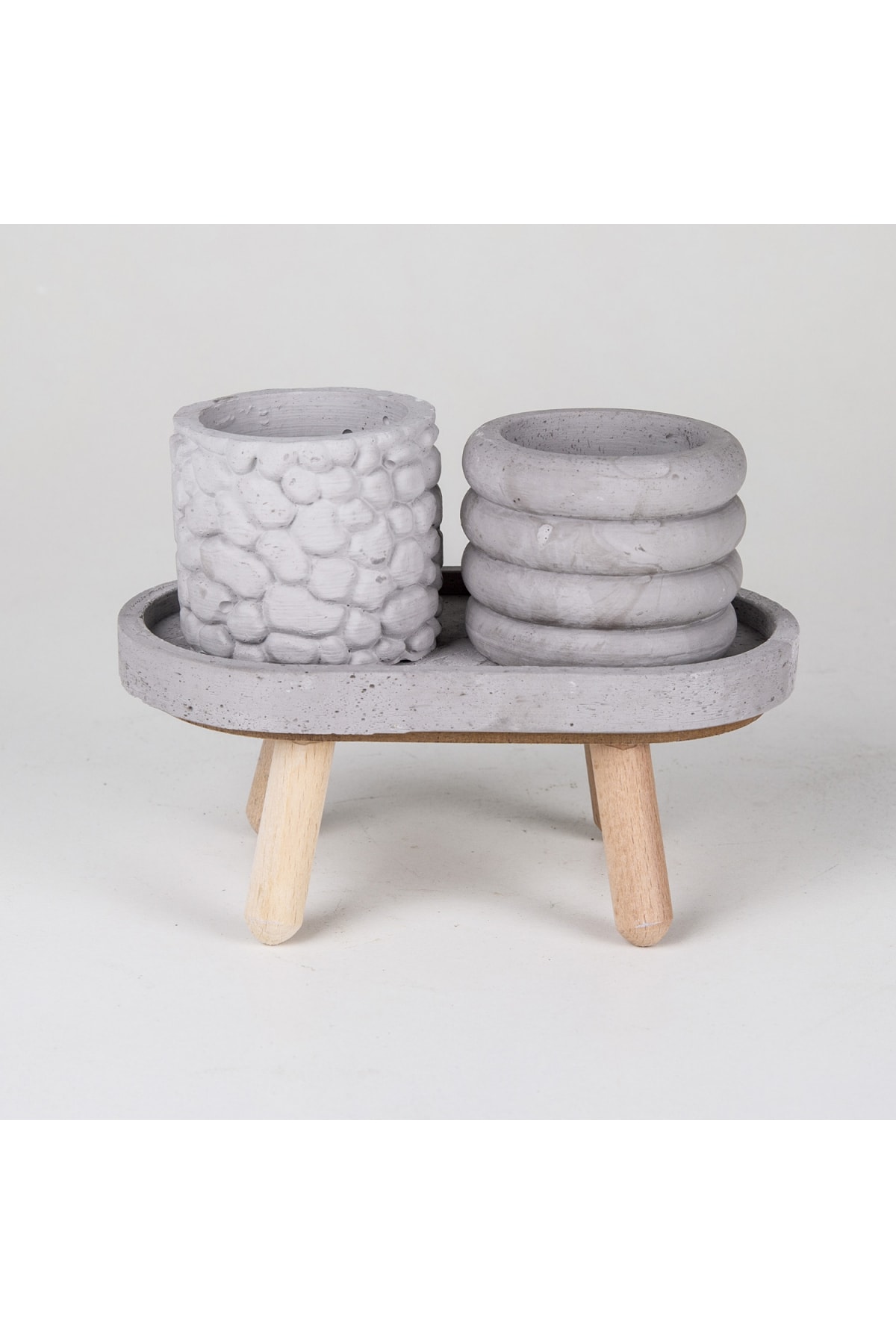 VeraMaya 2'li Tepsili Ayaklı Gri Beton Mini Sukulent Saksı 18x13 Cm