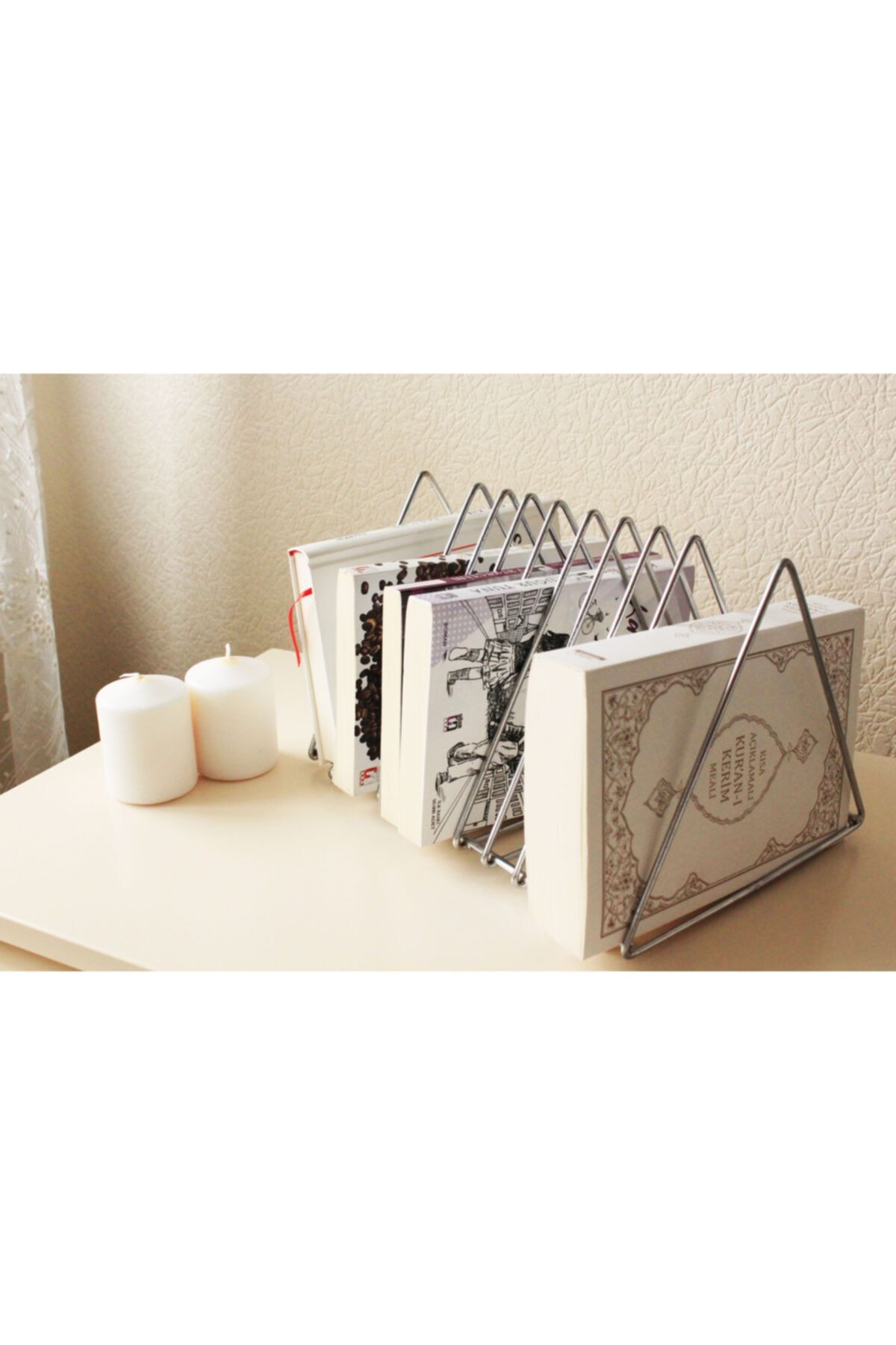 MsY TREND Masa Üstü Ofis Dergilik-plaklık 9 Bölmeli Üçgen Gümüş Metal Kitaplık Organizer Gazetelik Vinil