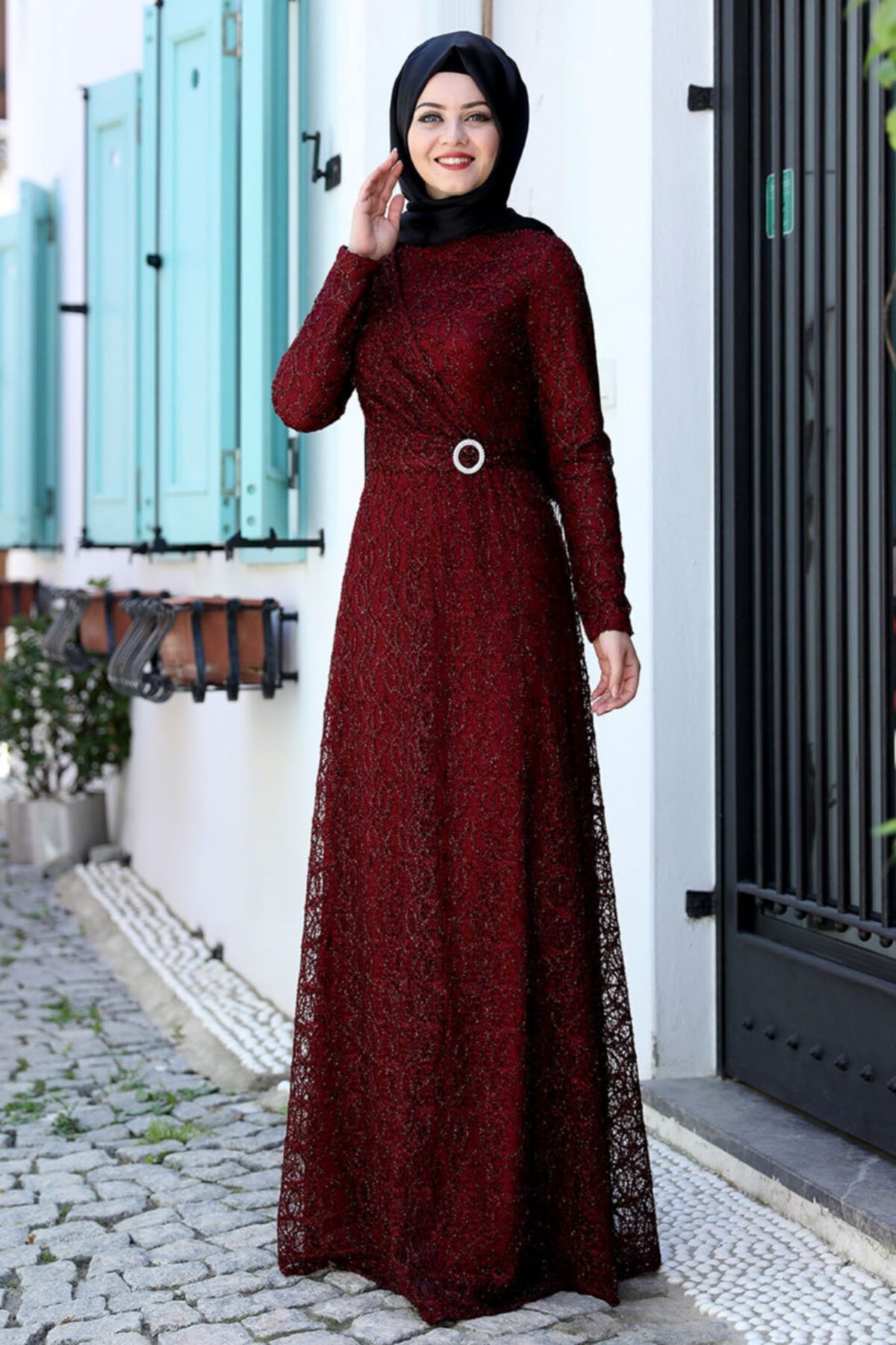 Ahunisa Dantelli Tesettür Abiye Elbise - Bordo