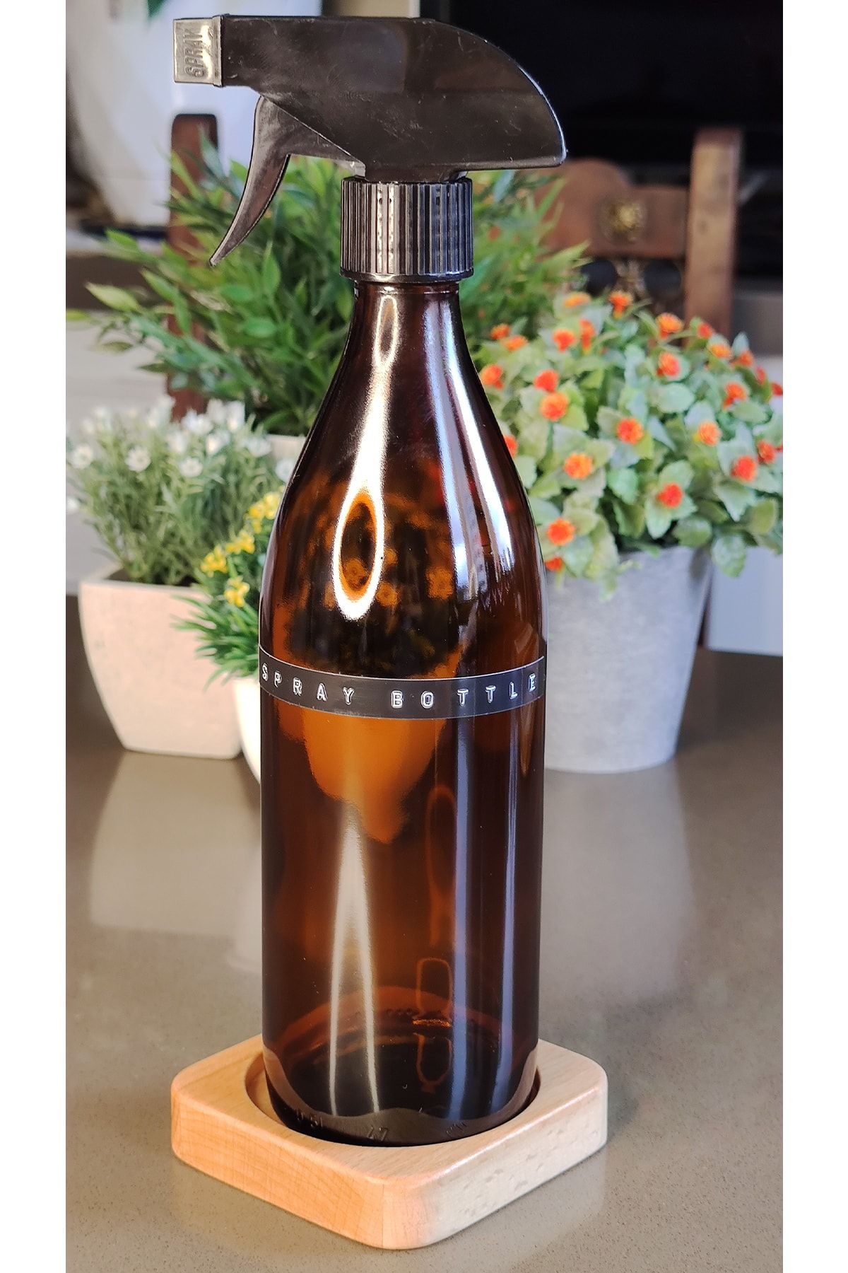KHAKMA Lüks Ahşap Stantlı 500ml Amber Kahverengi Uzun Sprey Bottle Şişe