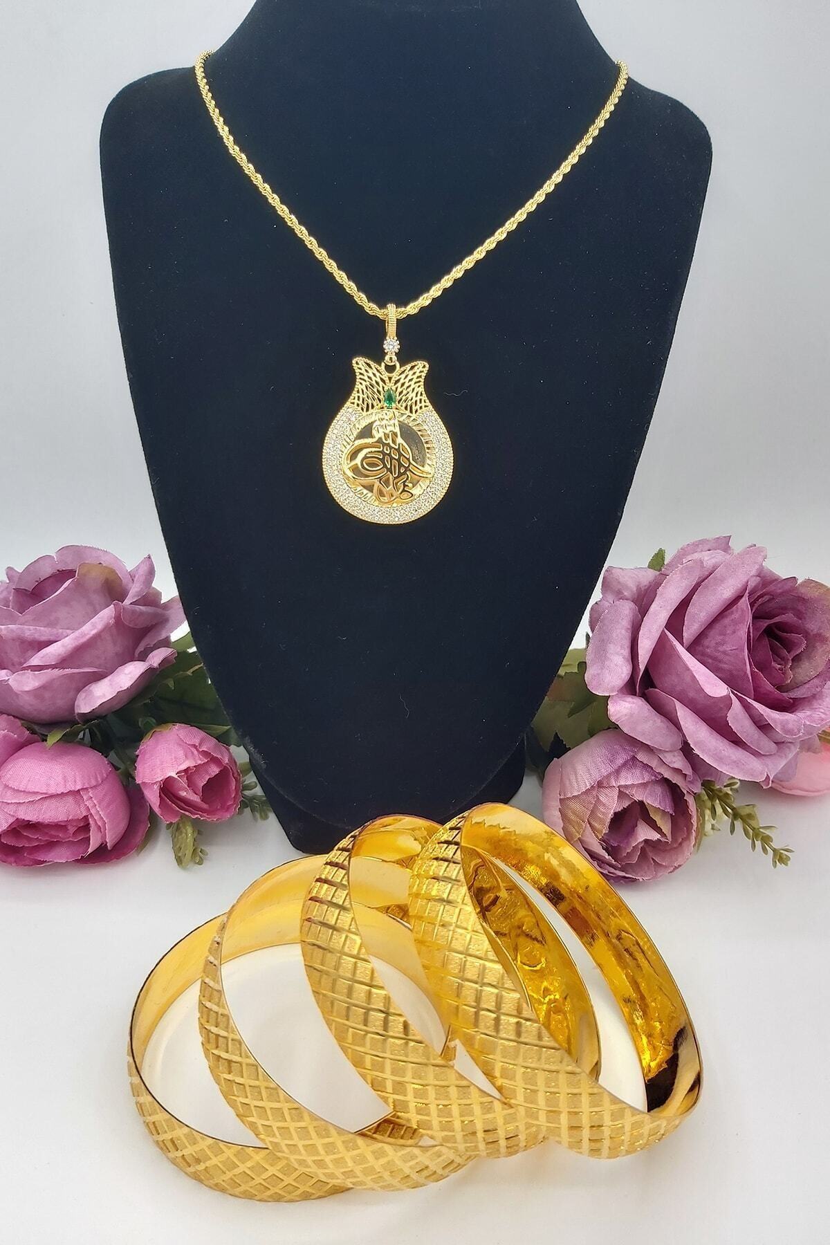 ZEYGOLD Altın Kaplama 4 Adet 1.5 cm Bilezik ve Lale Tuğralı Zirkon Taşlı Kolye