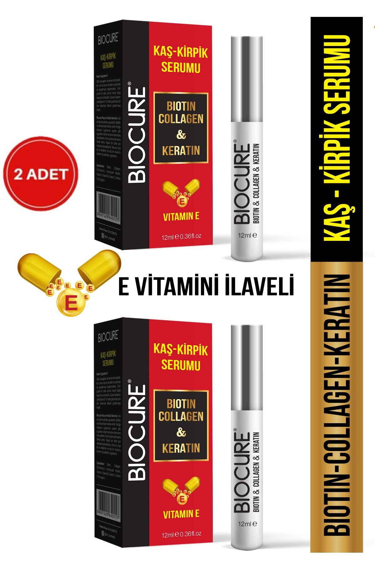 Biocure Dht Blocker Biotin & Collagen & Keratin + E vitaminli Kaş Kirpik Serumu / 12 ml. x 2 ADET