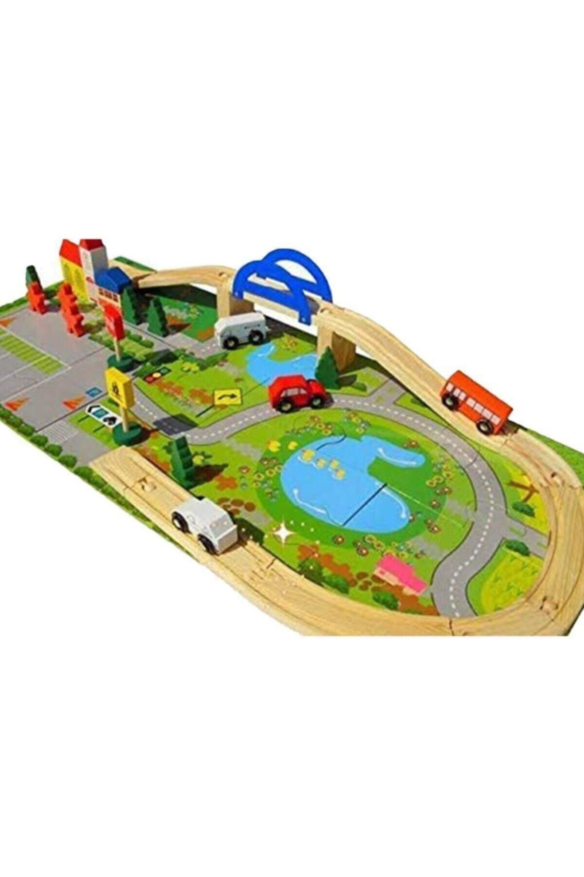 Winnie Baby Ahşap Araba Yolu Seti 40 Parça Araba Yollu Oyuncak Çocuk Rail Overpass