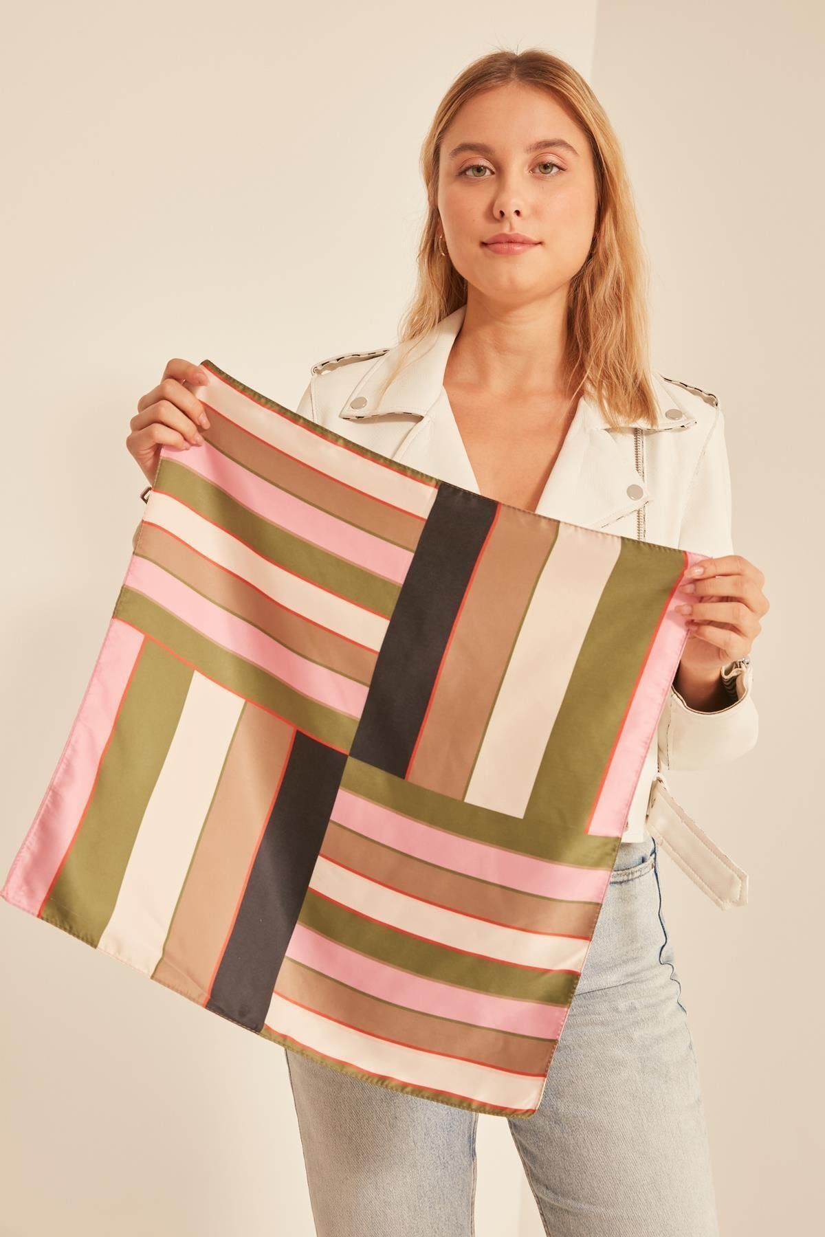 YLondon 13931 Şerit Desenli Pembe Yeşil Bandana Fular