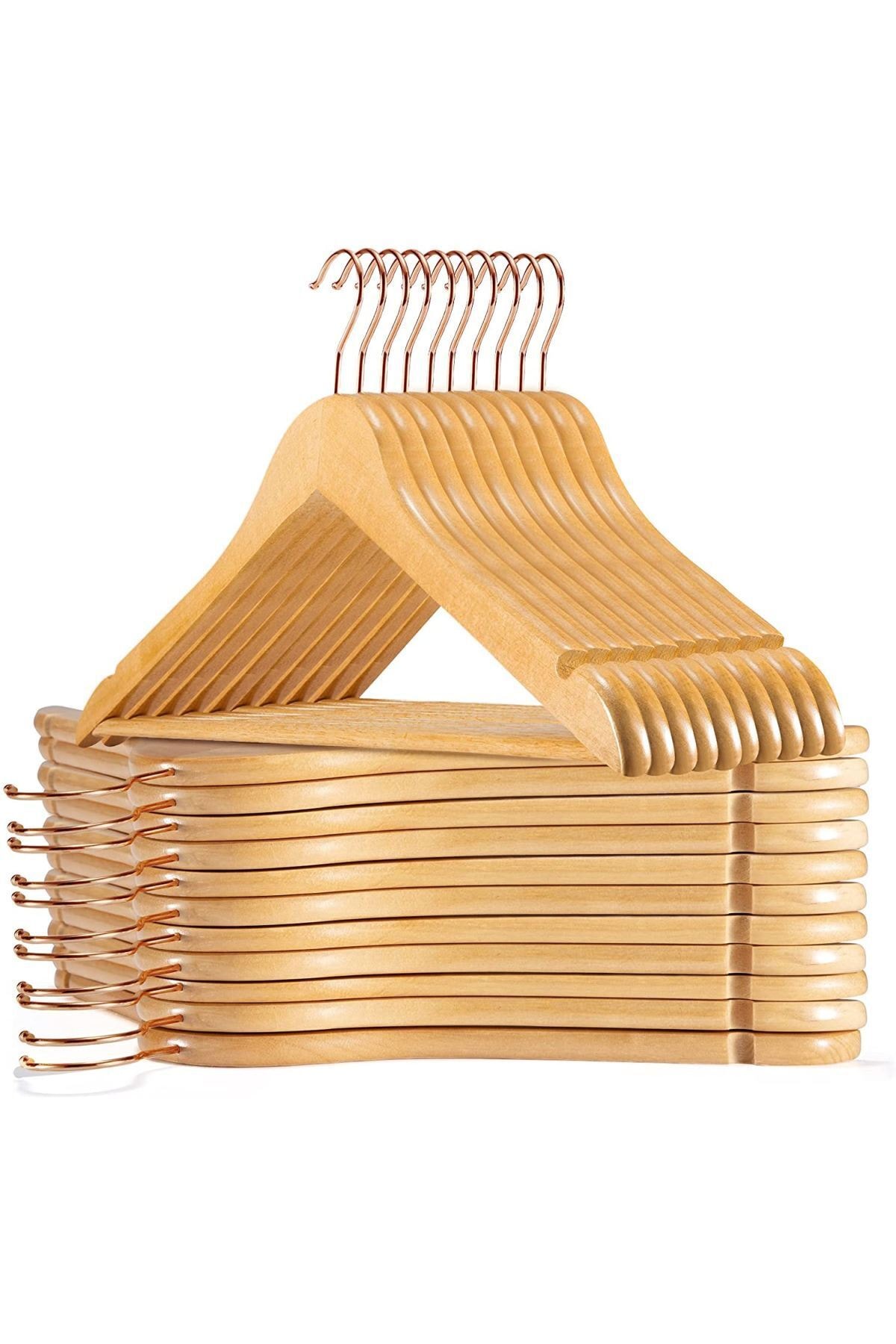 Onouqo Ahşap Askılık Naturel Kıyafet Elbise Gömlek Ve Pantolon Askısı 20 Adet Rose Gold Kanca