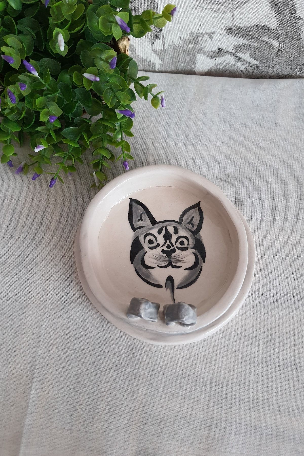Gül Nakkaş Seramik Kedi Mama Tabağı Seramik El Yapımı Kedi Mama Kabi