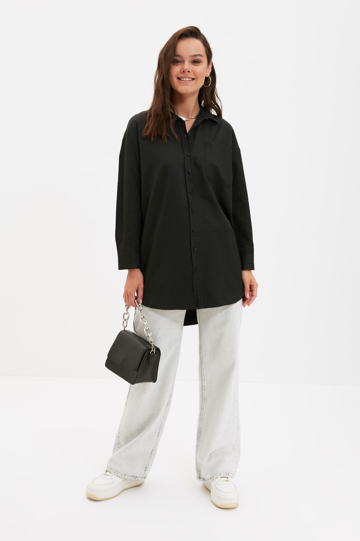 Trendyol Modest Siyah Gömlek Yaka Tunik TCTAW22UK0080