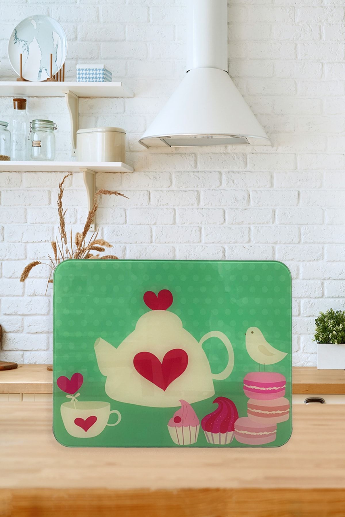 Saban Cam Kesim Tablası (30CM X 40CM) Yeşil Çaydanlık