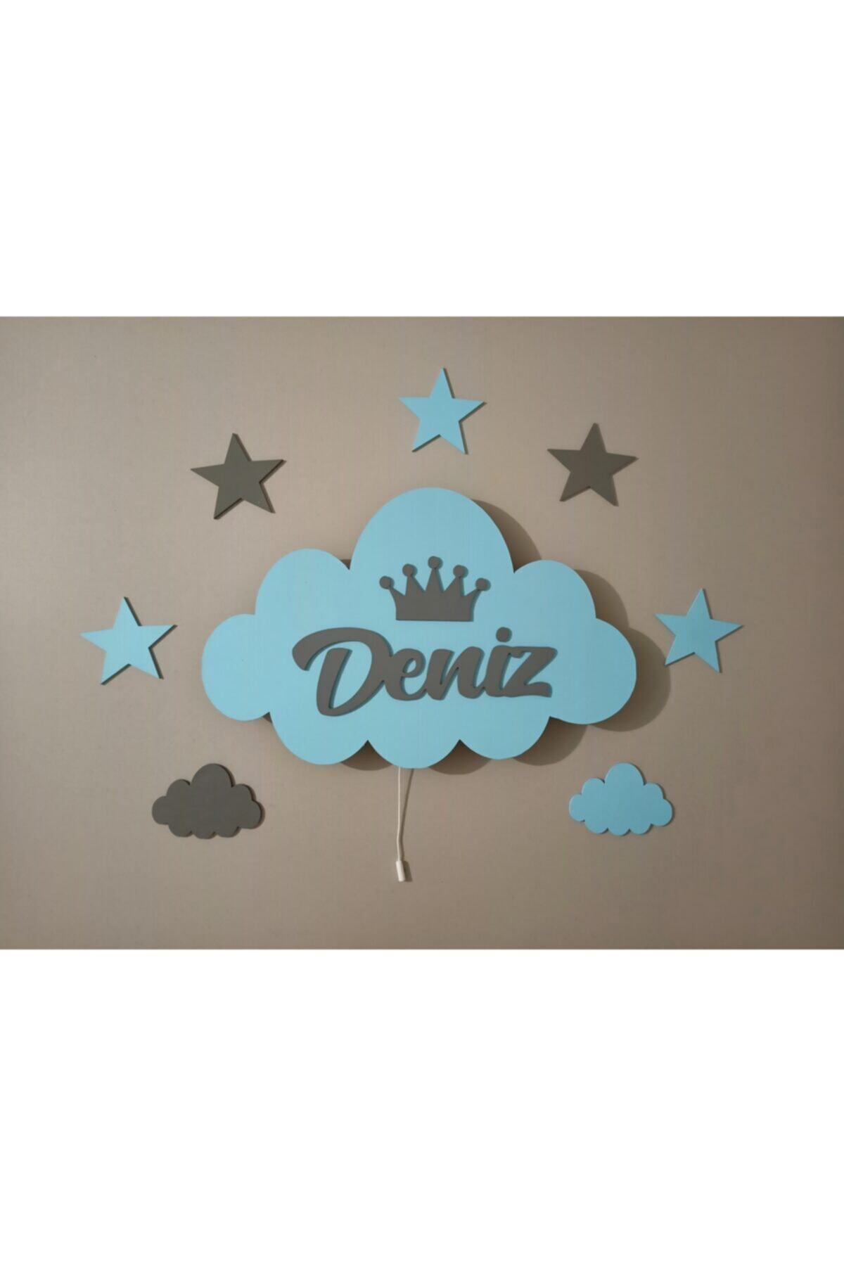 Babystasarım Ahşap Mavi & Gri Taçlı Bulut Set Çocuk Odası Gece Lambası Aydınlatma