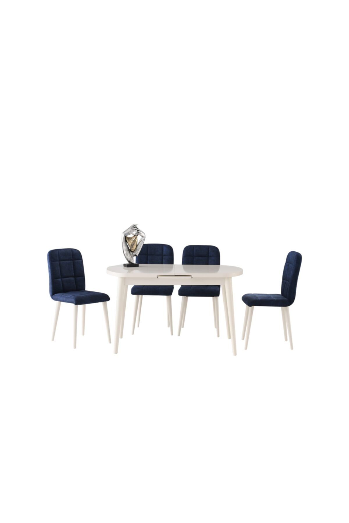 Evistro Ortadan Açılır Ahşap Salon Yemek Masası Oval Ekru + 4 Lacivert Sandalye Takım