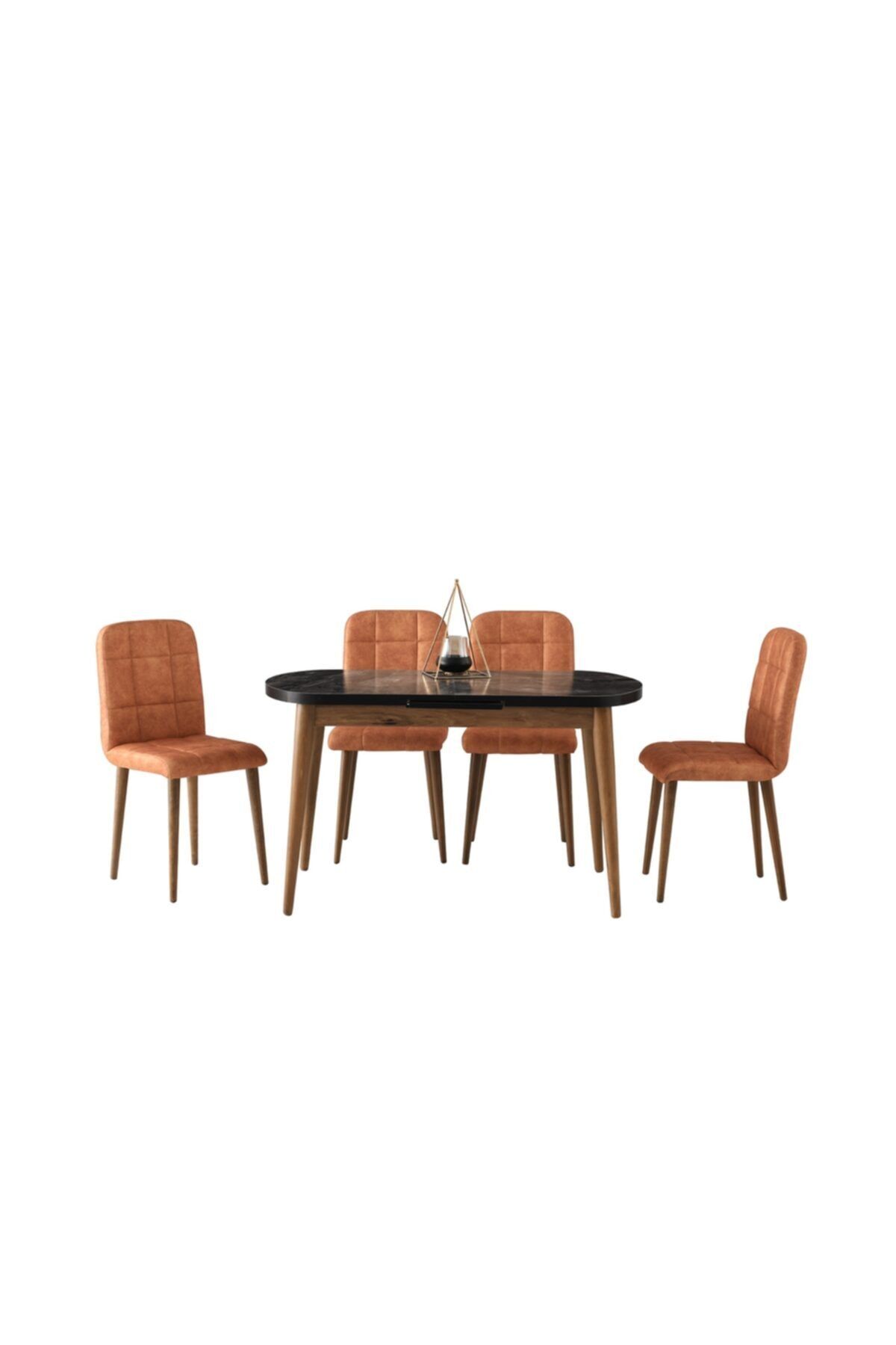 Evistro Ortadan Açılır Ahşap Salon Yemek Masası Oval Mermer Desen + 4 Sarı Sandalye Takım