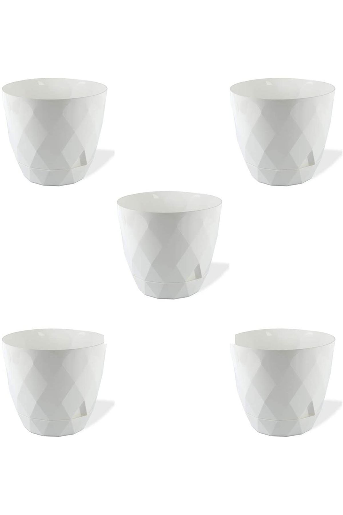 ToXA 5 Adet 0.30lt Ø9x8cm Mini Boy Parlak Geometrik Dekoratif Plastik Saksı Yakamoz No0 Beyaz