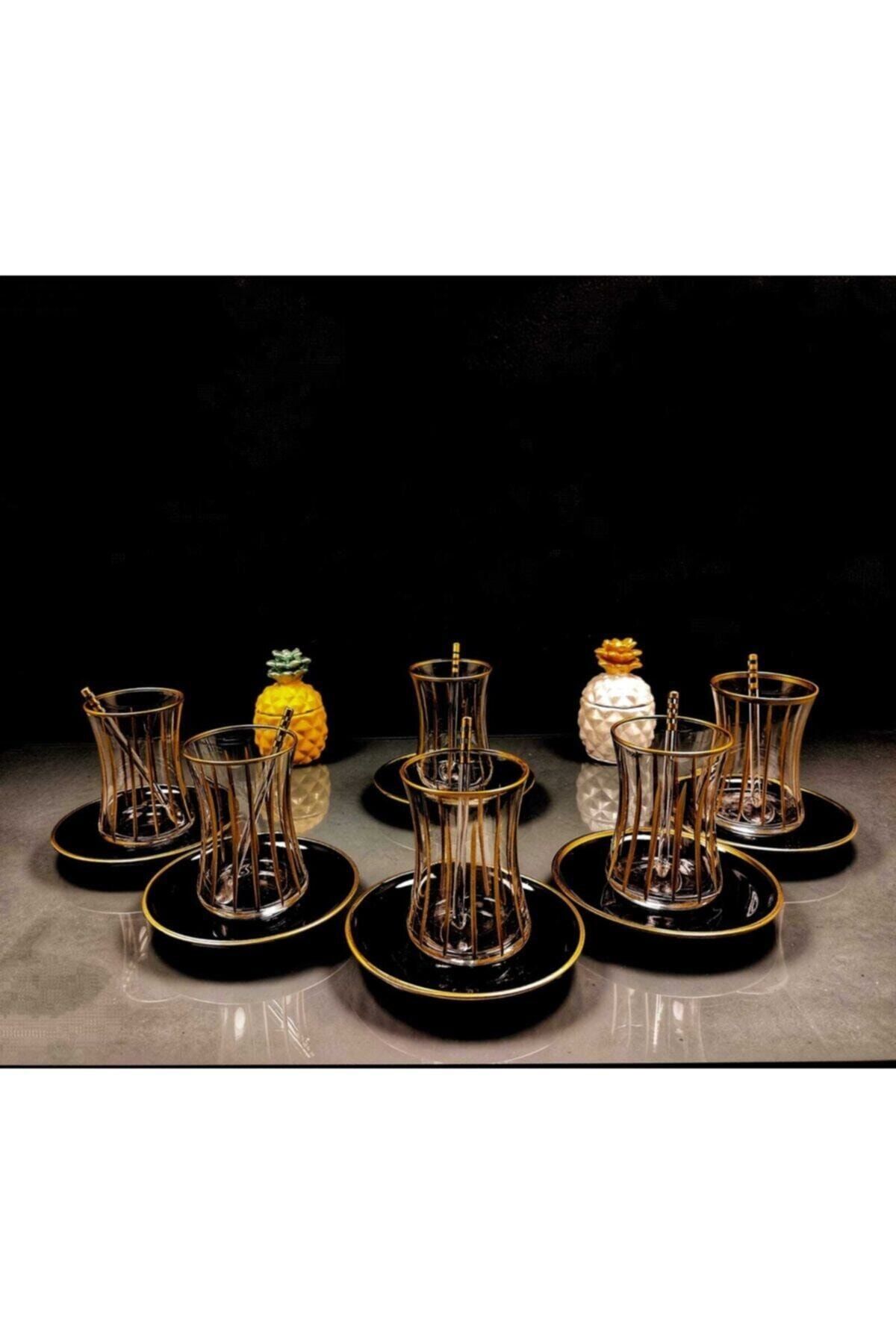 CAMBİHOME Cambi Duru Çay Seti 12 Parça Butik Çizgi Gold Çizgi Siyah Tabak