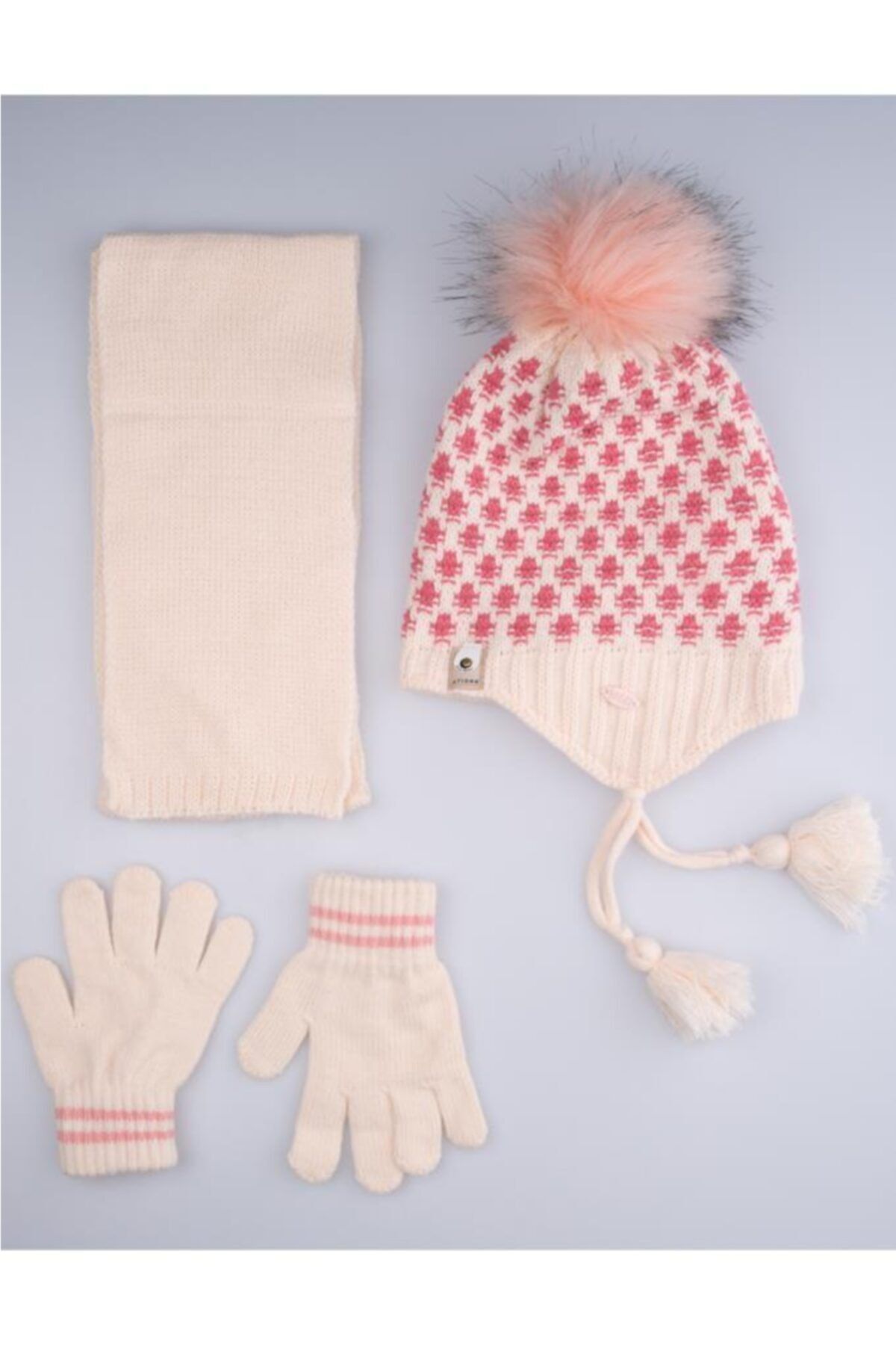 POKY BEBE Kız Çocuk 4-8 Yaş Örgü Atkı Bere Takımı 3'lü Set