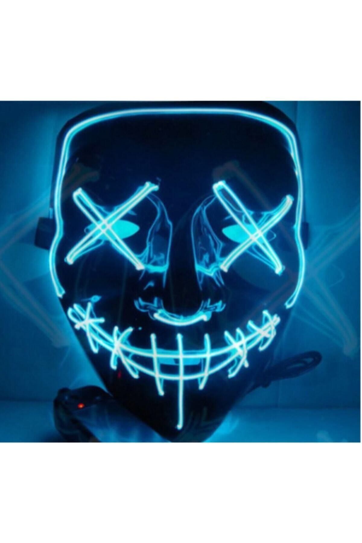 SHOPLİNE Hallowen Led Işıklı Neon Maske 3 Modlu Parti Eğlence Maskesi Transparan Mavi