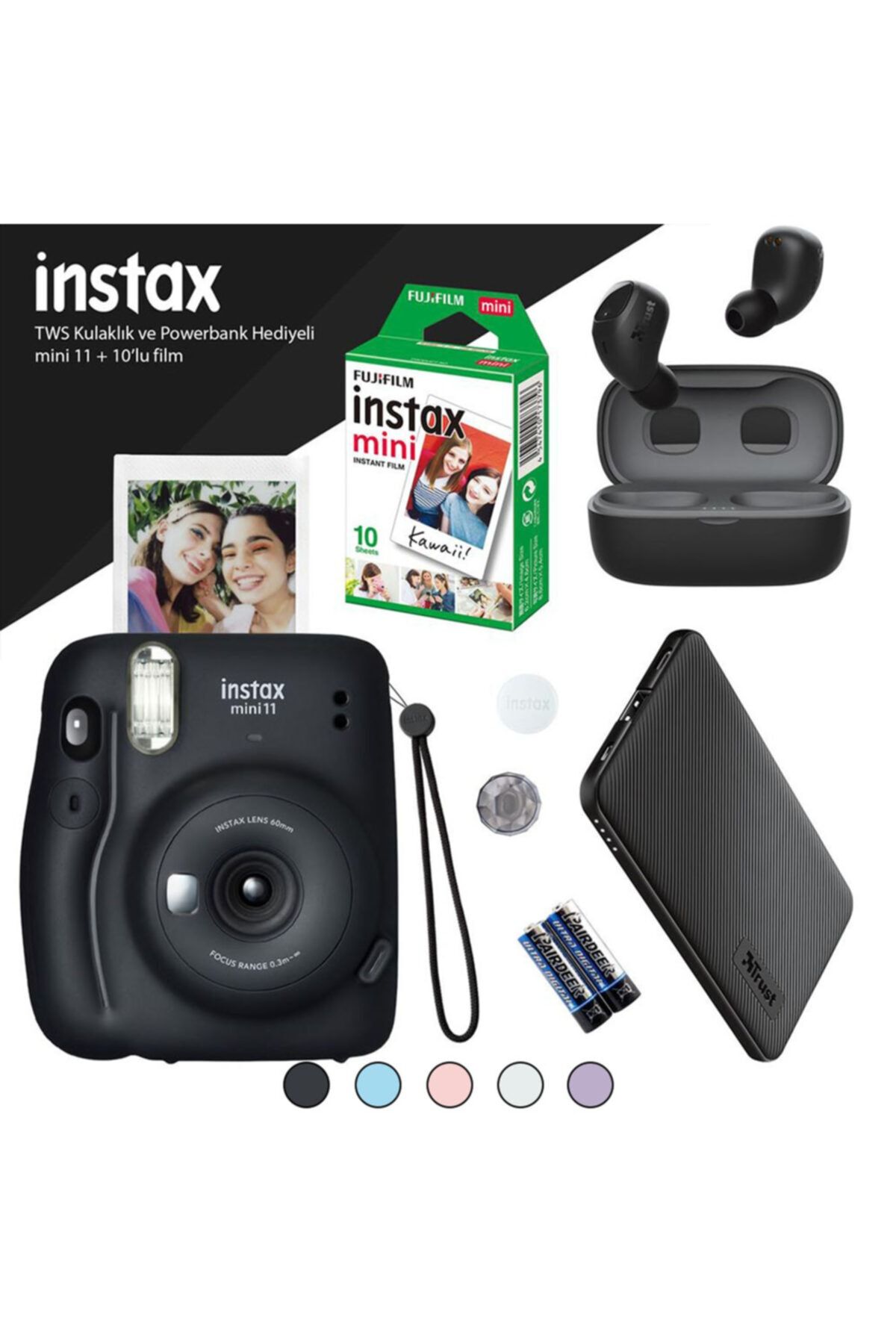 Fujifilm Instax Mini 11 Siyah Fotoğraf Makinesi - 10'lu Film Siyah Powerbank Ve Bluetooth Kulaklık