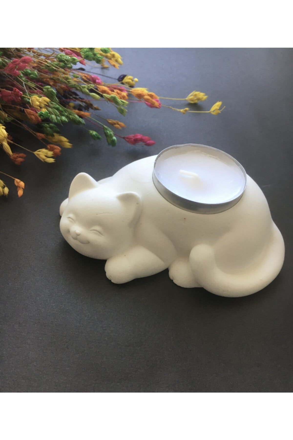 EL YAPIMI Kedi Tealight Mumluk - Mum Hediyeli - Beyaz