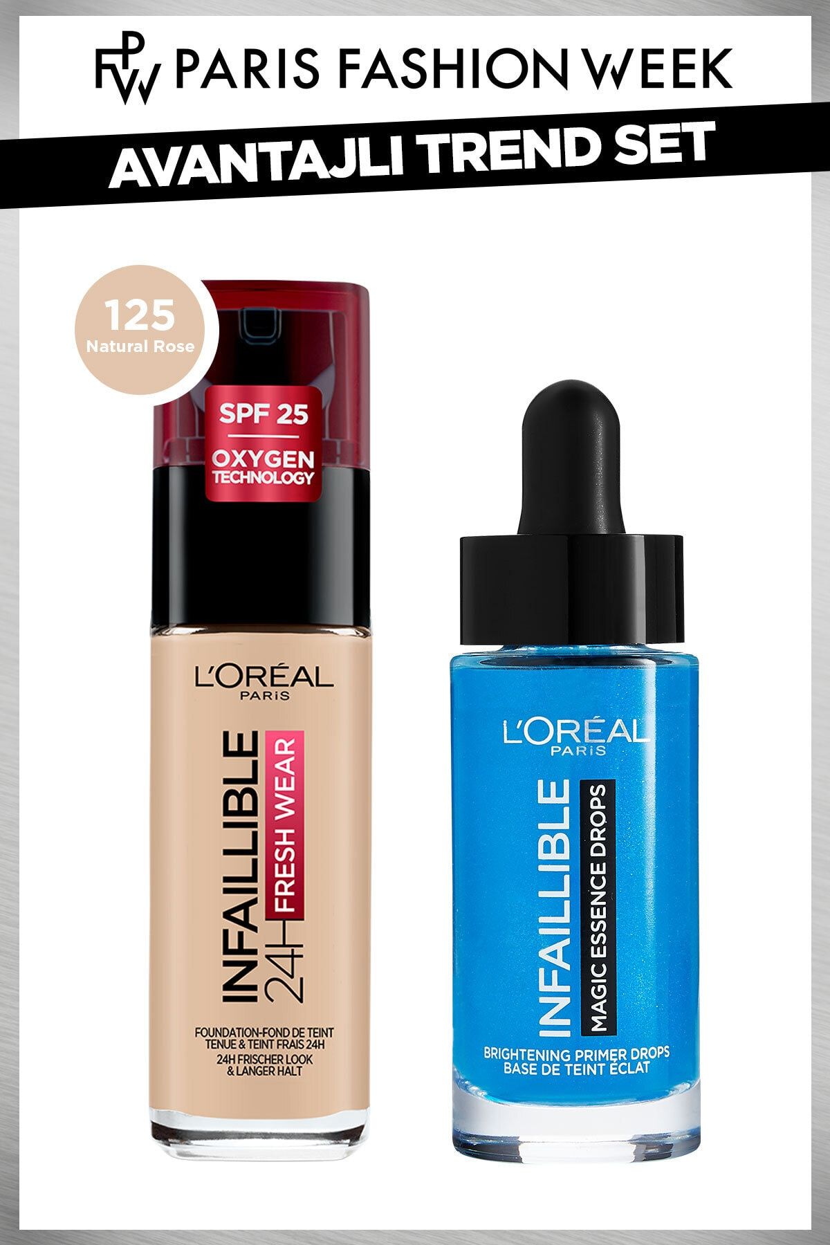 L'Oreal Paris Infaillible 24h Fresh Wear Fondöten 125 Natural Rose & Magic Essence Drops Likit Makyaj Bazı