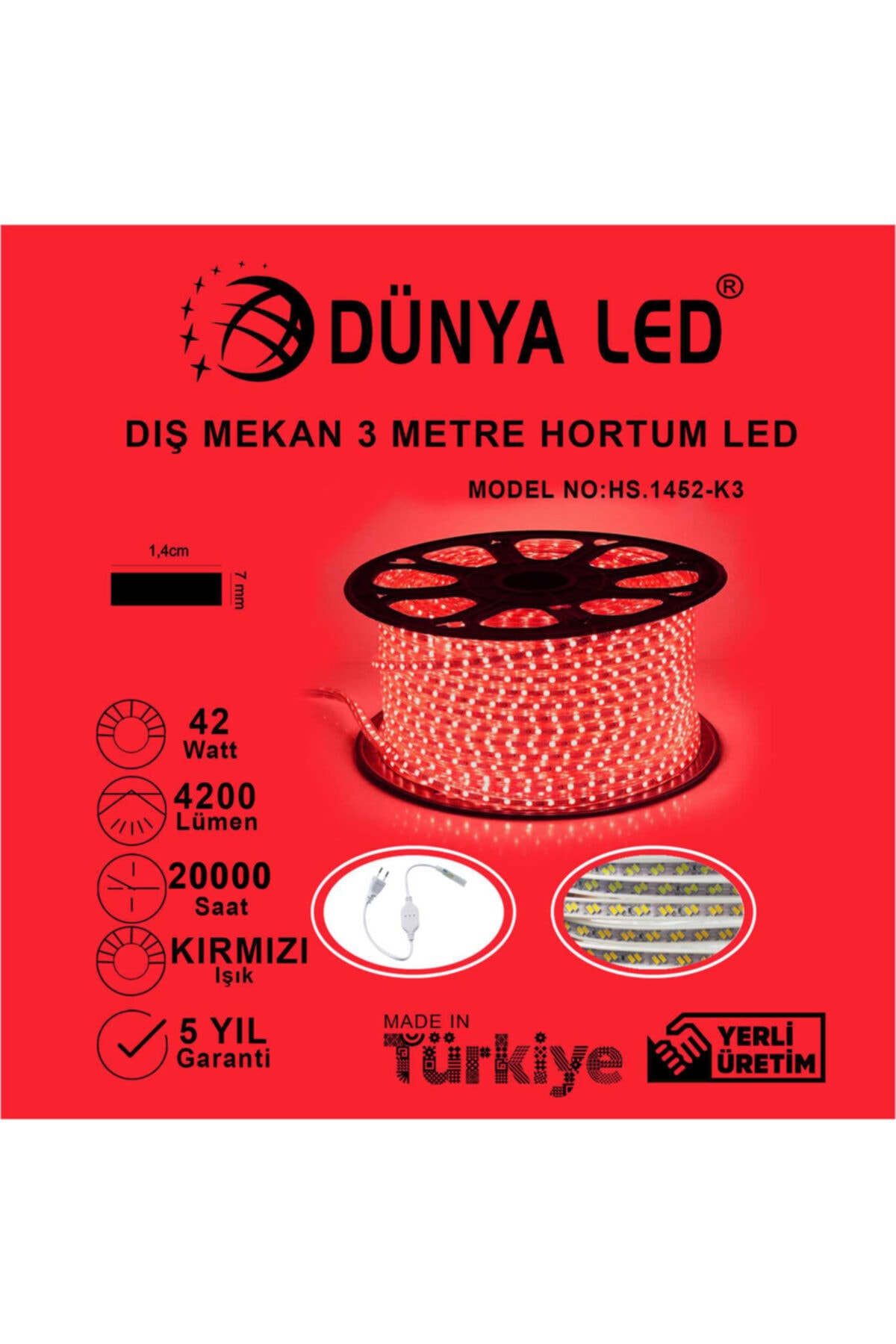 DÜNYA LED Hs.1452-k3 220v 120 Ledli Kırmızı Hortum Led 3 Metre + Aparat Hediye