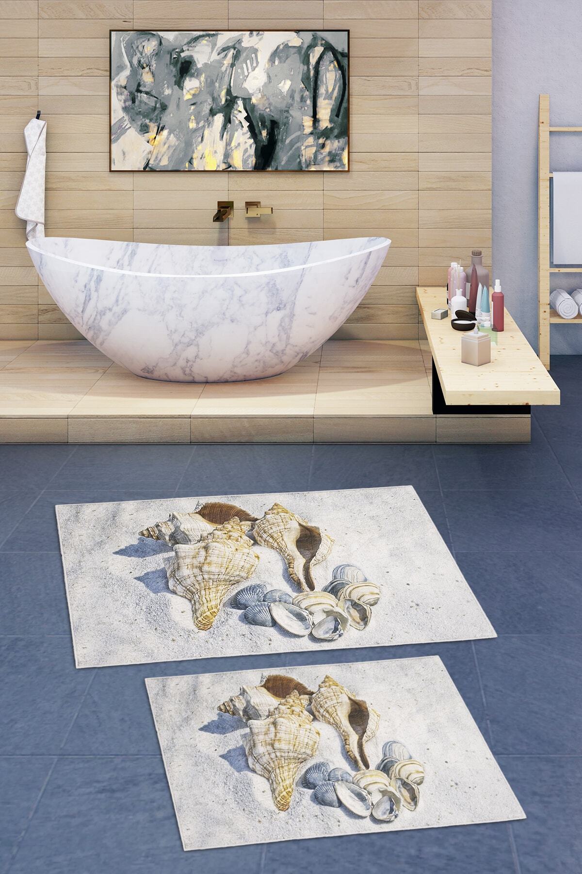 Koza Halı Yıkanabilir Dijital Kaymaz Taban 2'li Banyo Paspası 4202a