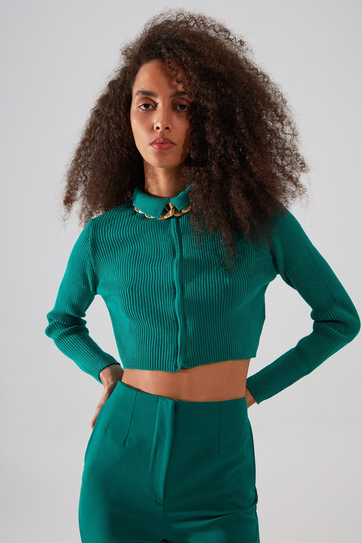 TRENDYOLMİLLA Yeşil Crop Fermuarlı Triko Hırka TWOAW21HI0154