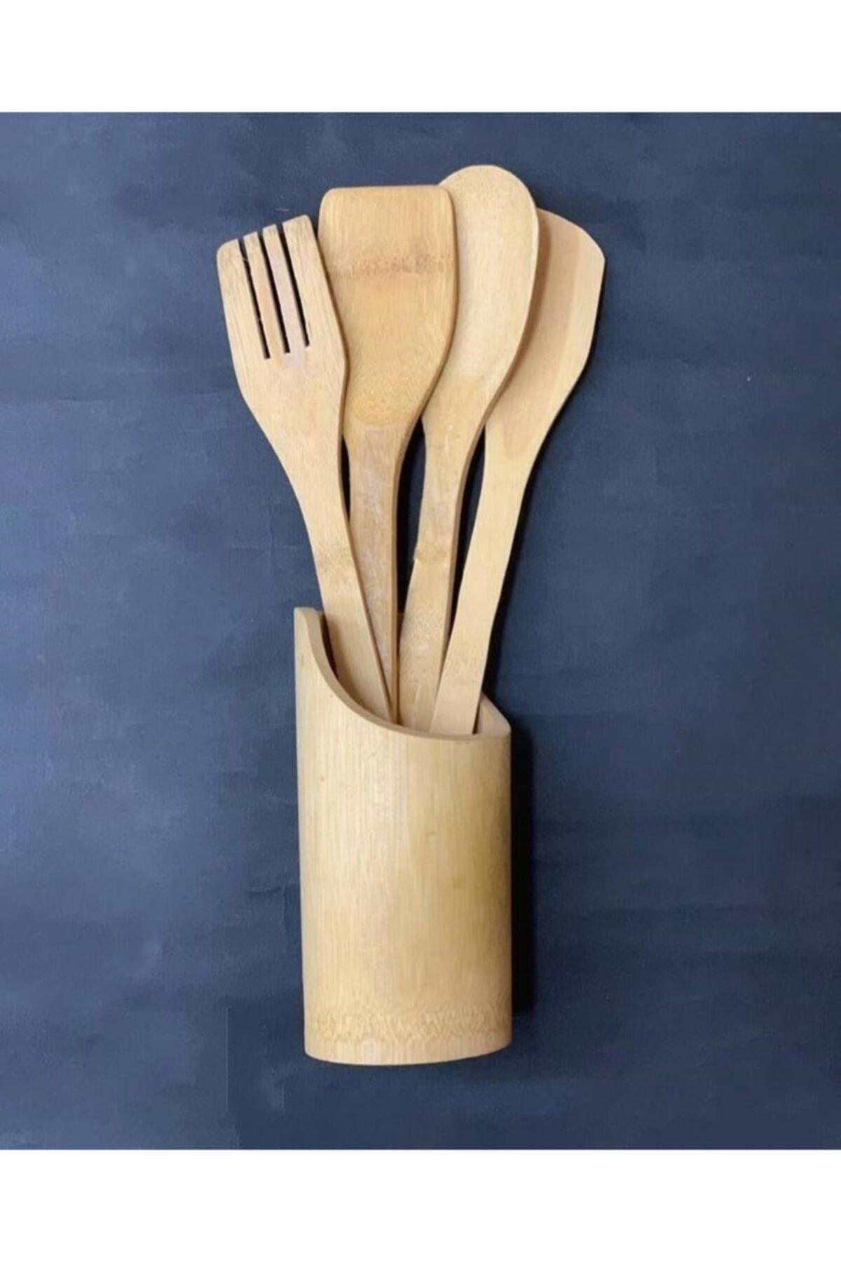 ZUZU MADE 5 Parça Ahşap Kaşık Spatula Mutfak Seti Standlı