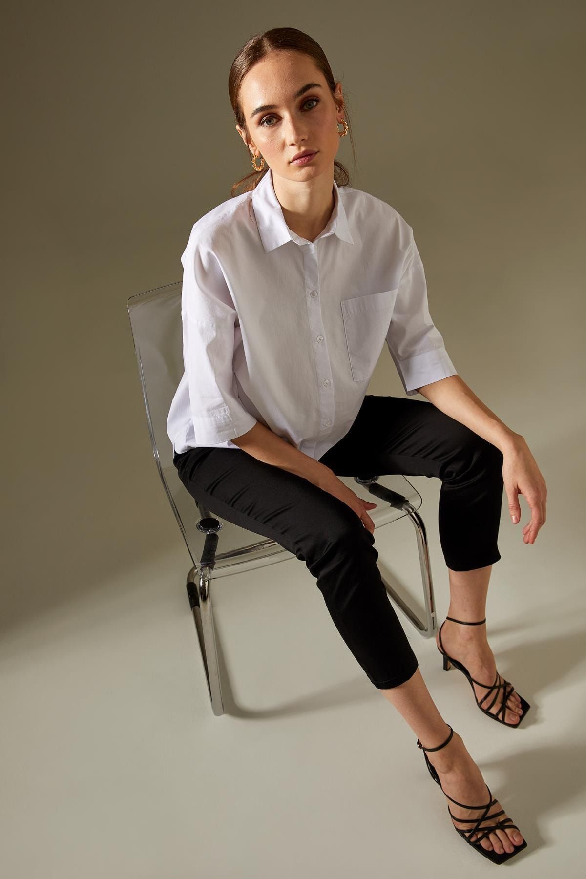 DeFacto Hamile Basic Yarım Kollu Oversize Fit Poplin Gömlek