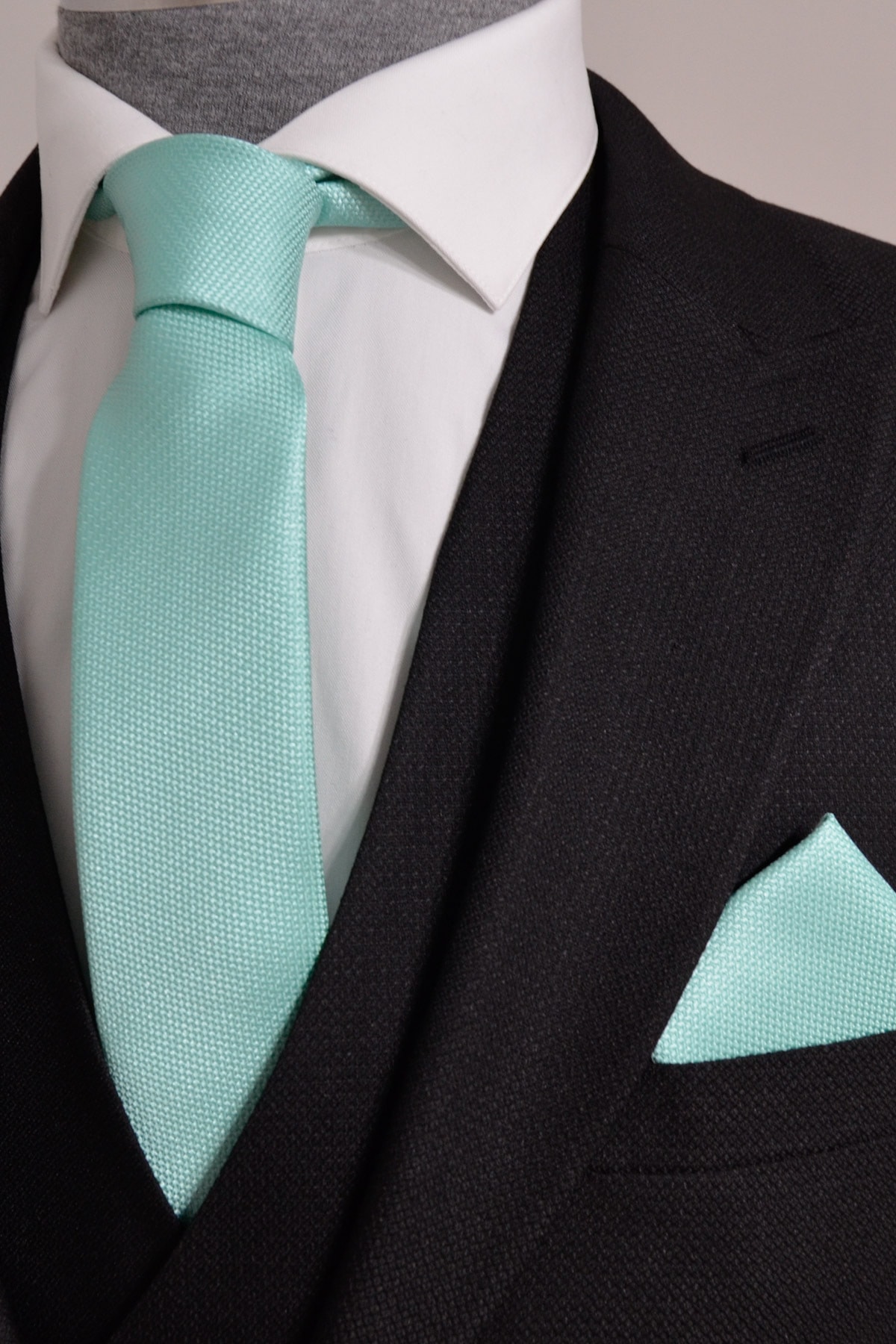 Marca Uno Su Yeşili Armür Dokumalı Noktalı Mendilli Ince Kravat 6 Cm