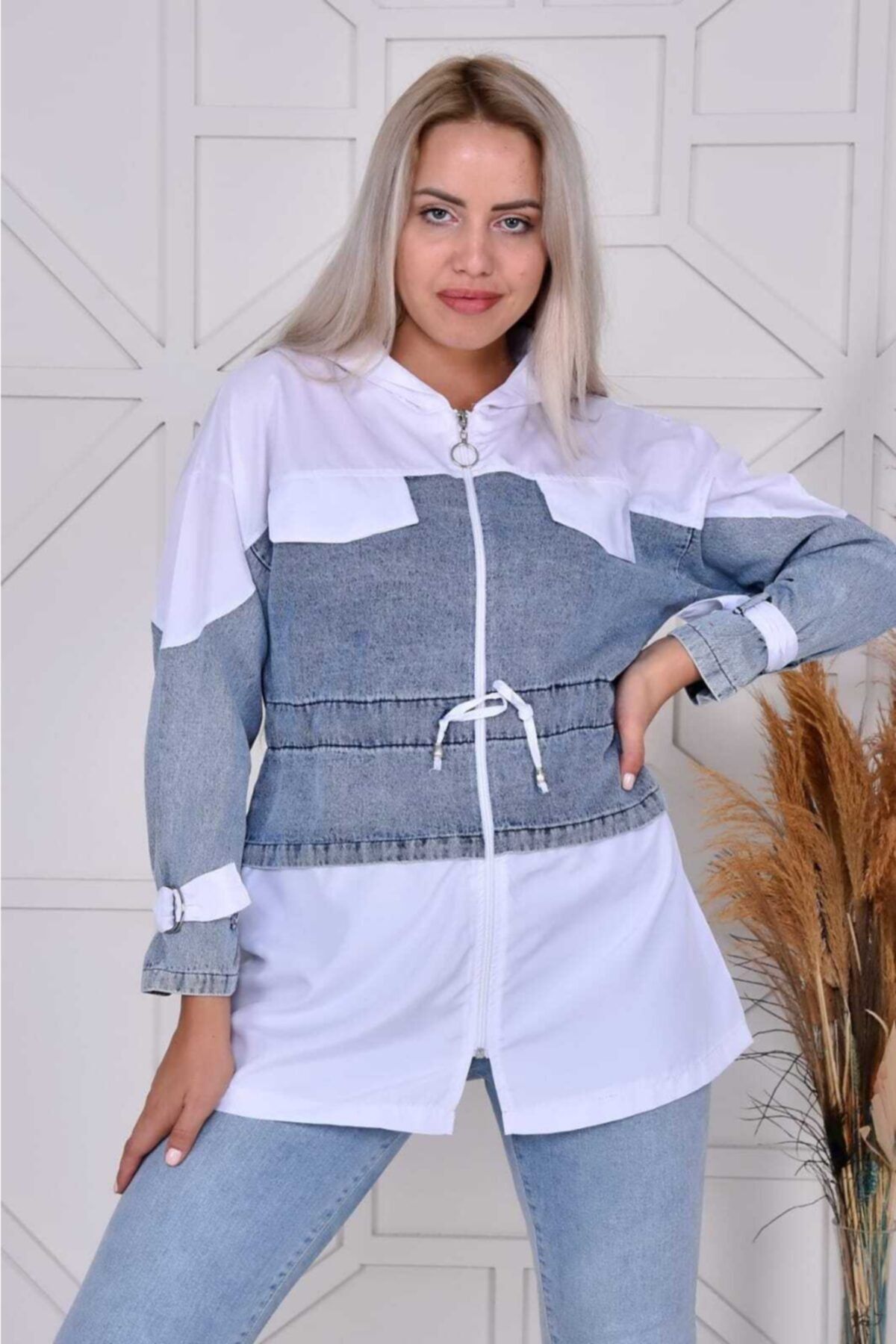 WİLLMANS MODA Kadın Beyaz Denim Fermuarlı Yağmurluk/rüzgarlık/mont Trençkot