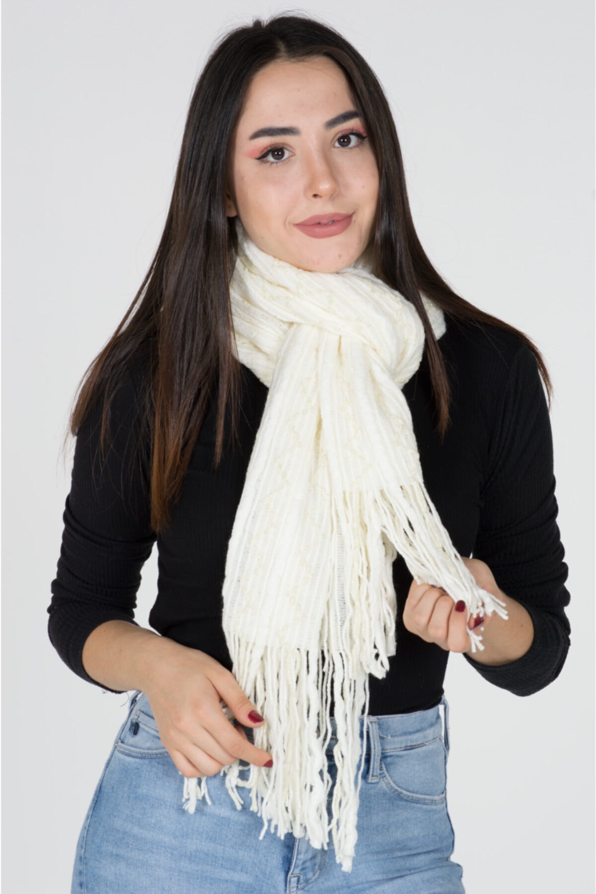 GiFa Store Triko Sim Detaylı Beyaz Atkı