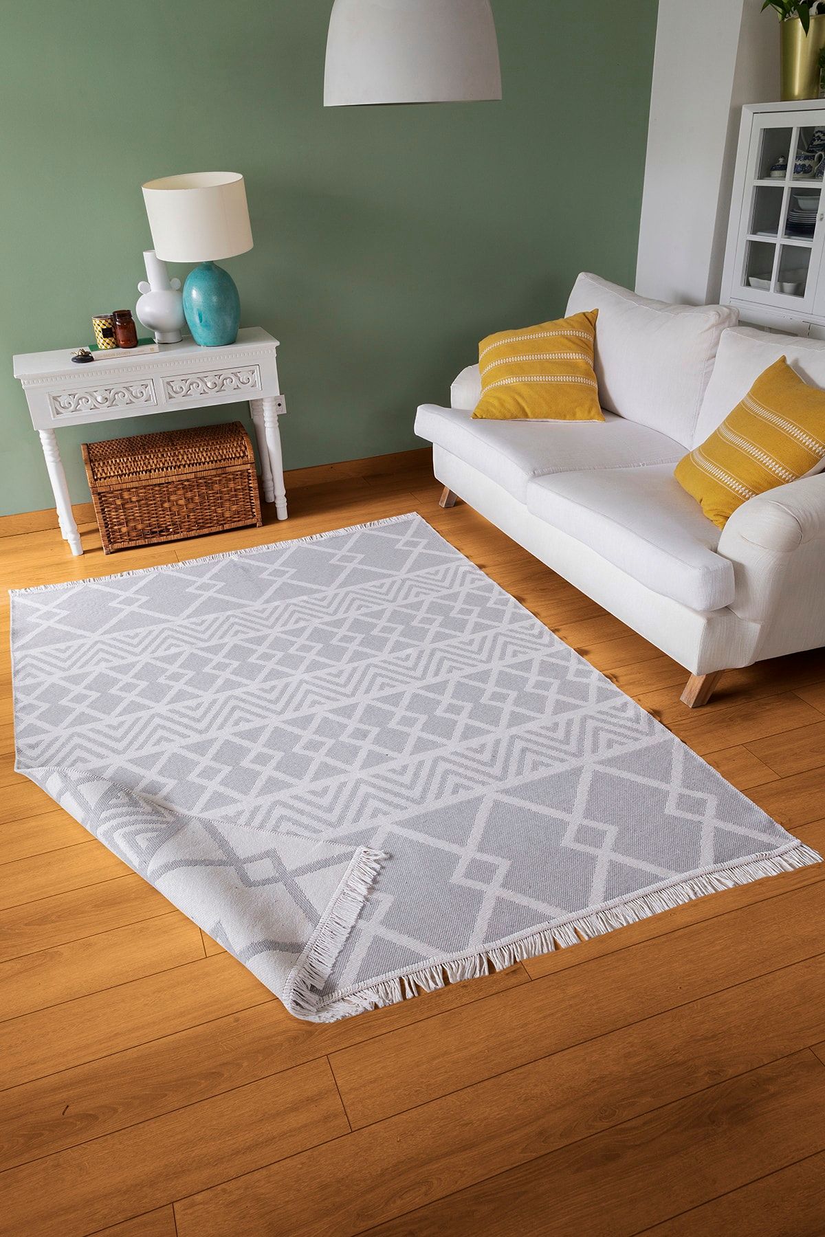 Koza Halı Duo Beyaz Gri Çift Taraflı Yıkanabilir Dokuma Kilim 22995A