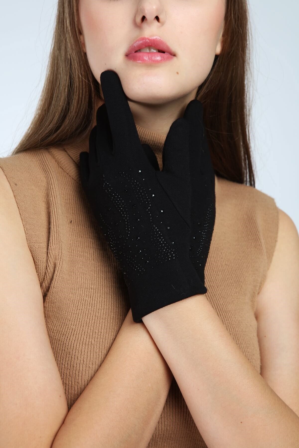 Luisido Kadın Siyah Kum Taş Detaylı Dokunmatik Parmak Içi Polarlı Eldiven