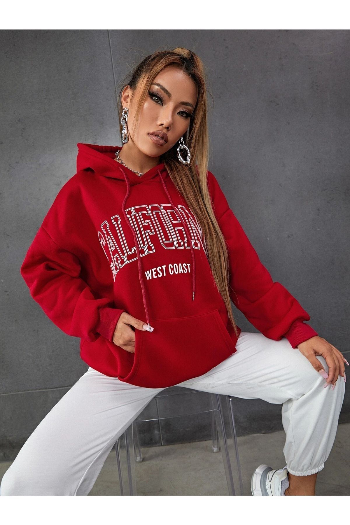 Black Sokak Kadın Kırmızı Calıfornıa Basklı Sweatshirt