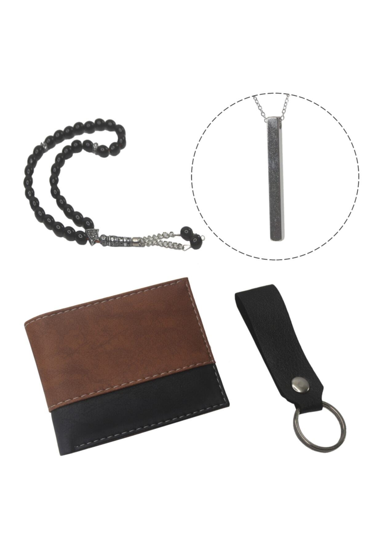 ÖZKA LEATHER Black Strıped Model Cüzdan & Silver Bar Kolye - Anahtarlık Ve Tesbih Hediyeli !