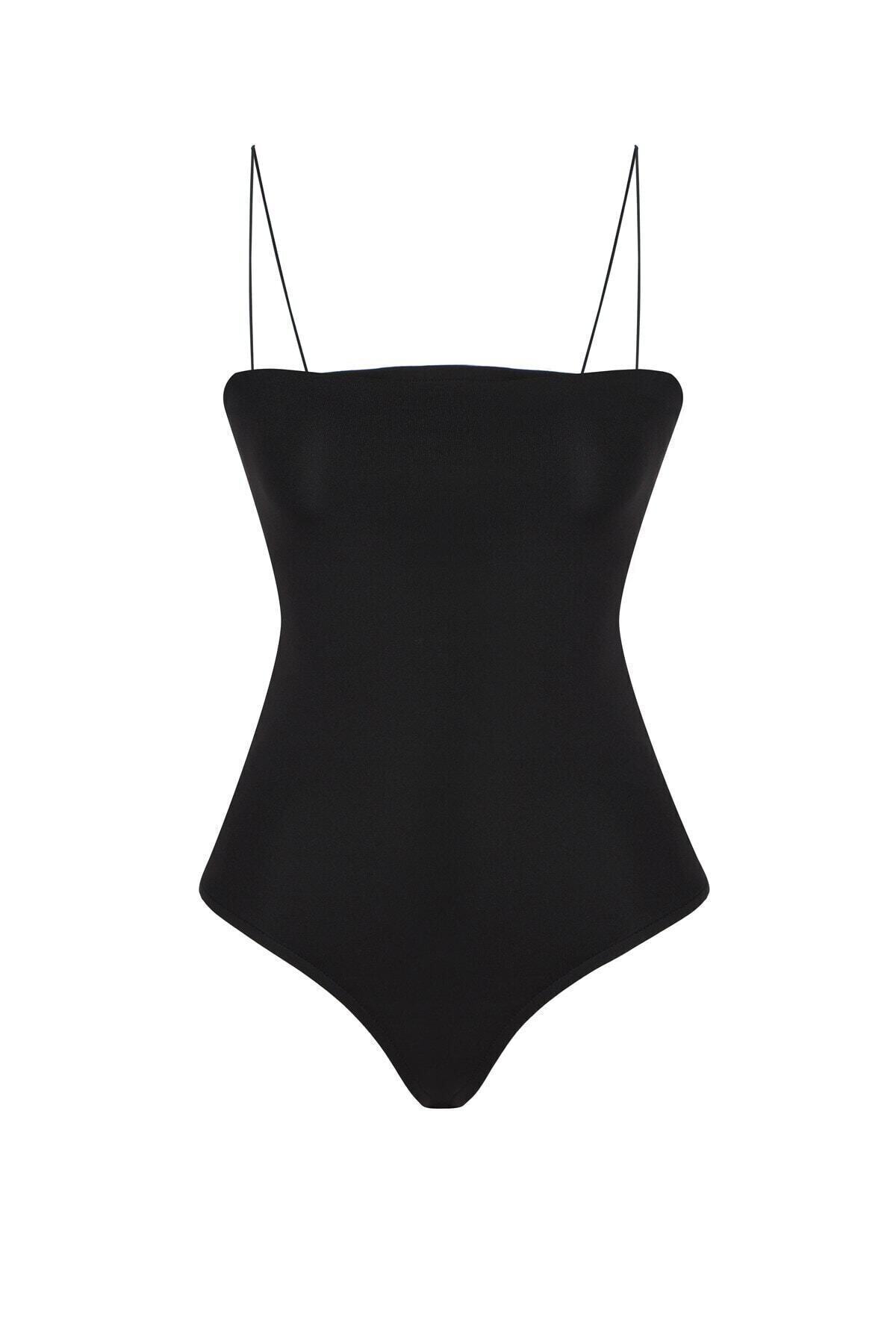 Quzu Ince Askılı Bodysuit Siyah