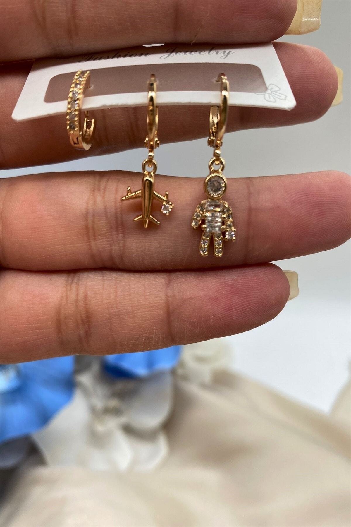 Madame Daisy Bijuteri Robot Uçak 3'lü Set Küpe Rosegold