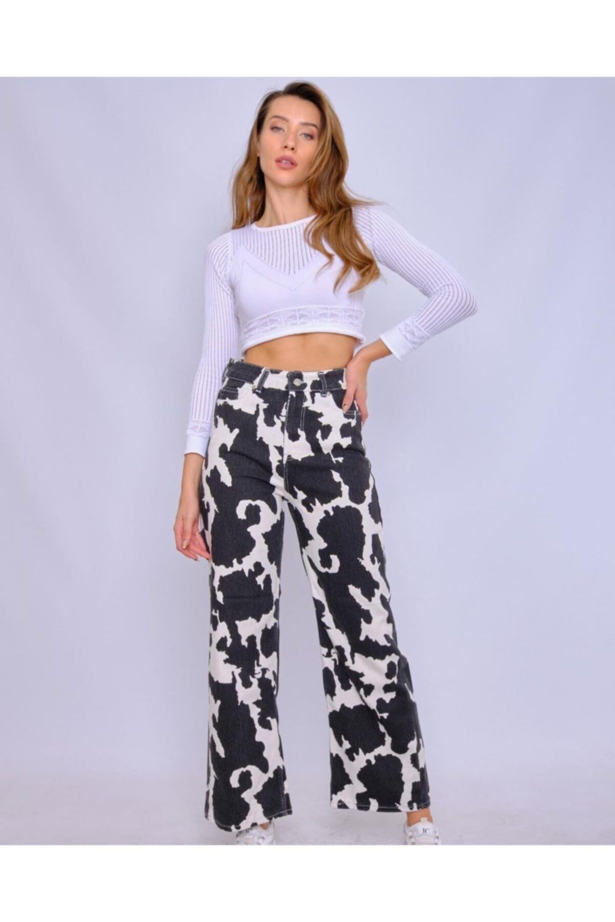 MİSE Siyah Inek Desenli Wide Leg Jean
