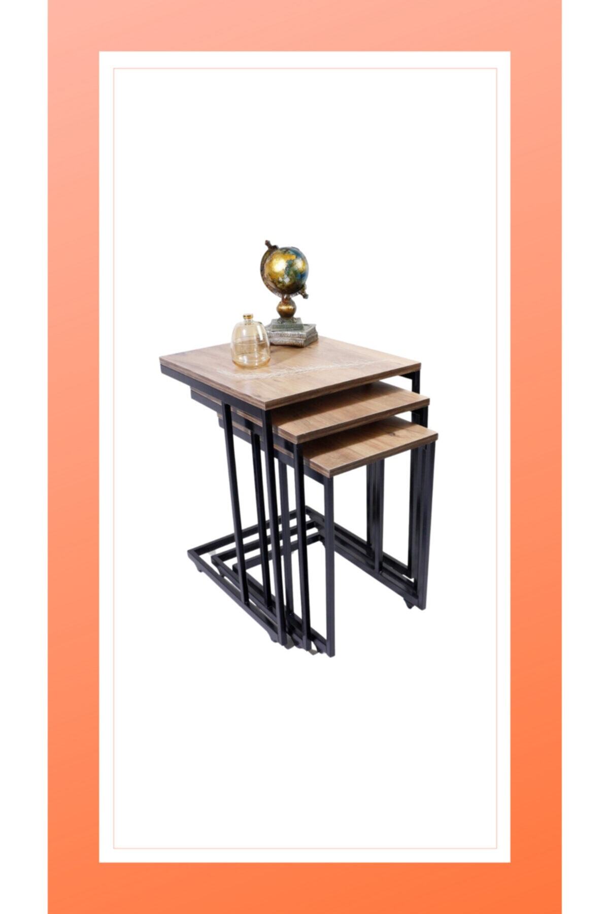 turuncuevim Metal Ferforje Ayak Tekerlekli Ahşap 3'lü C Sehpa