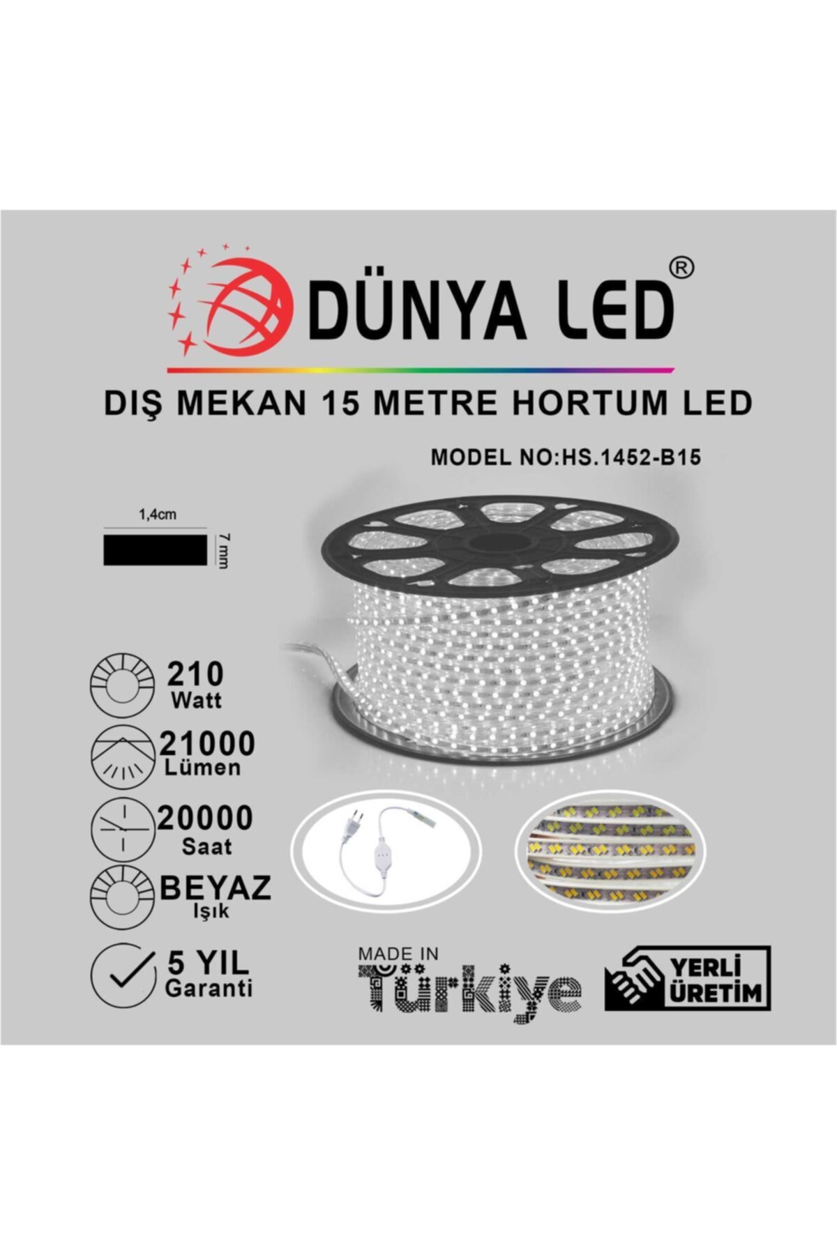 DÜNYA LED Hs.1452-b15 220v 120 Ledli Beyaz Hortum Led 15 Metre + Aparat