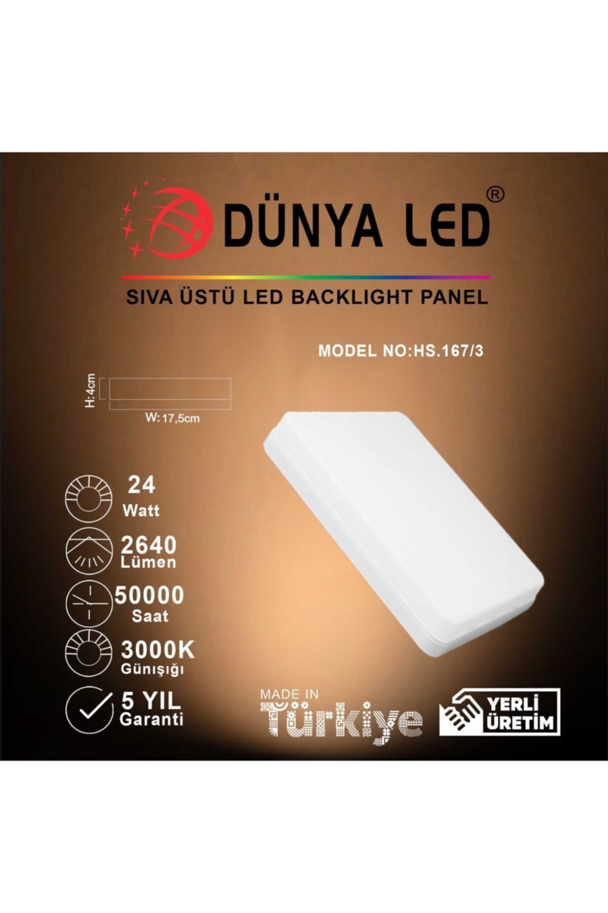 DÜNYA LED Hs.167/3 24w Sıva Üstü Led Backlight 3000k Günışığı Kare