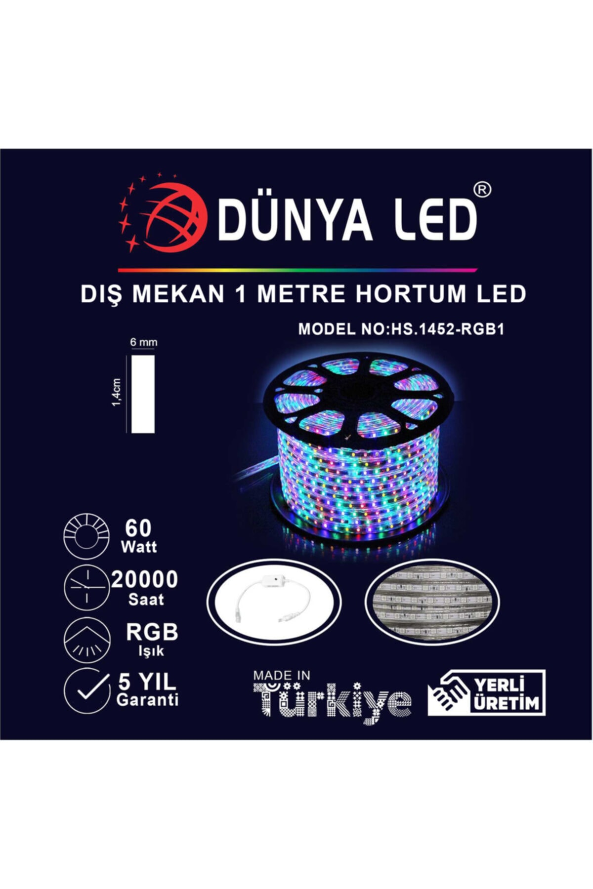 DÜNYA LED Hs.1452-rgb1 220v 60 Ledli Rgb Hortum Led 1 Metre + Aparat